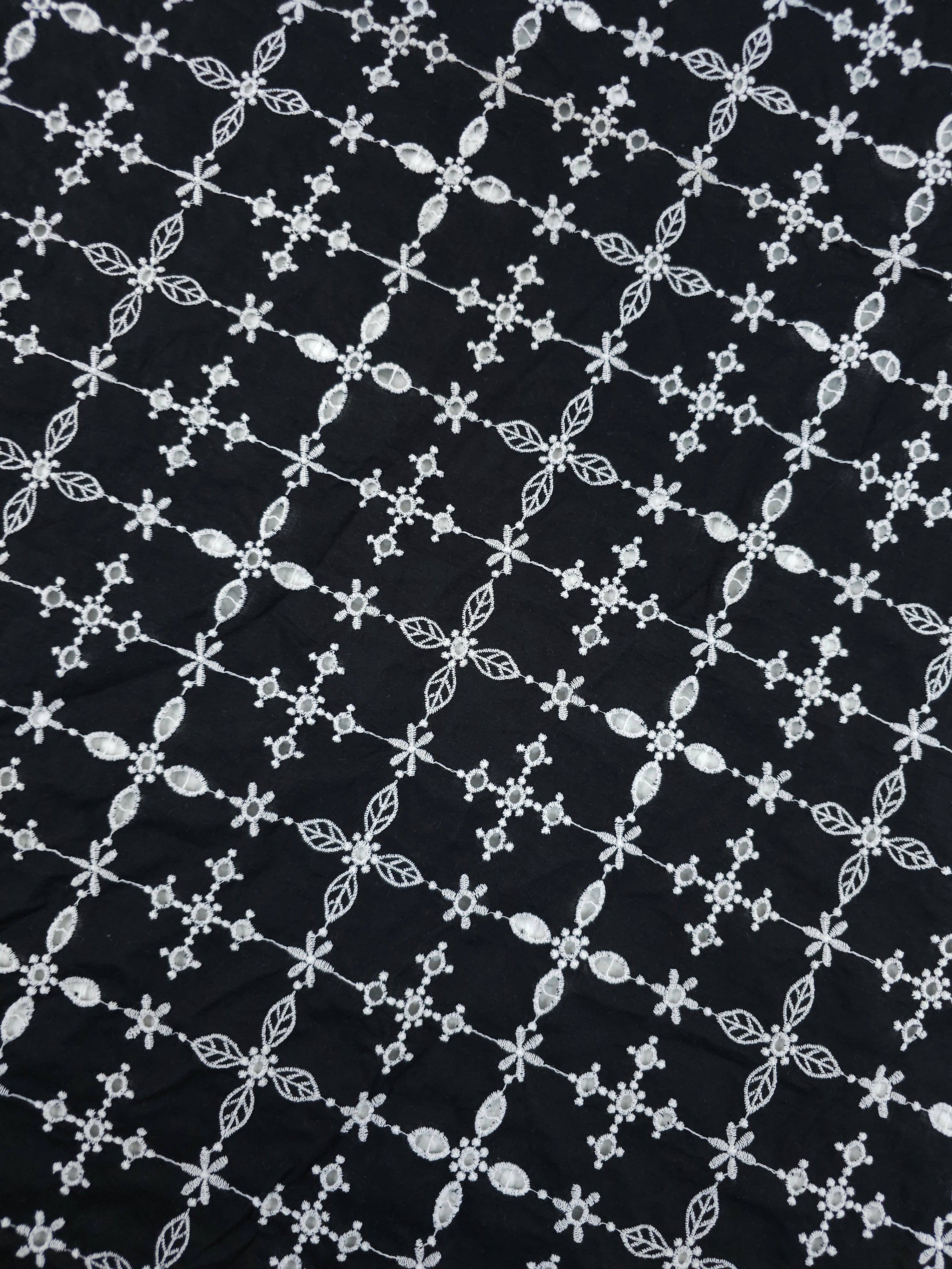 Black/White Damask Grid Fine Cotton Poplin Broderie Anglaise