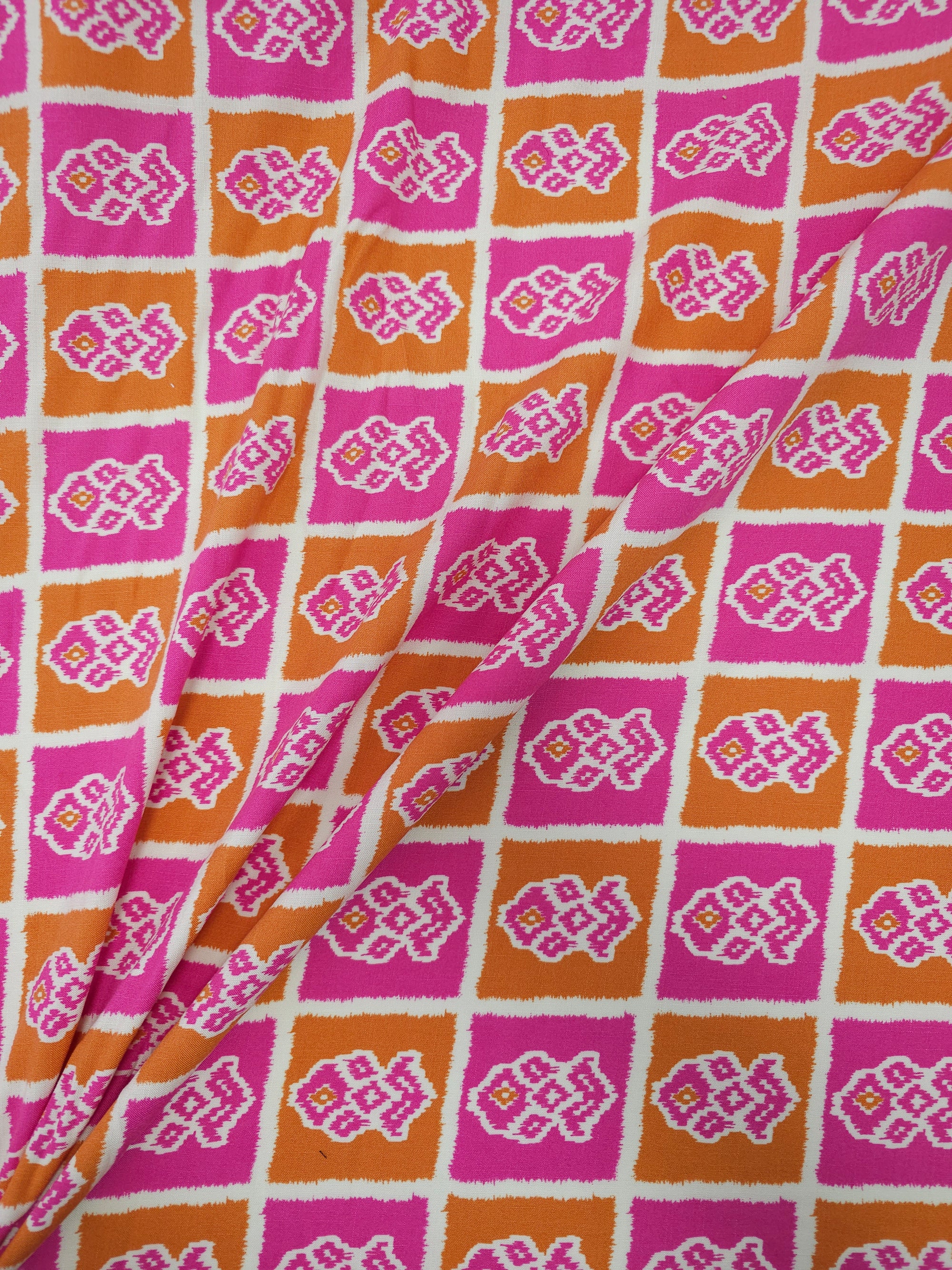 Pink/Orange Abstract Ikat Viscose Challis