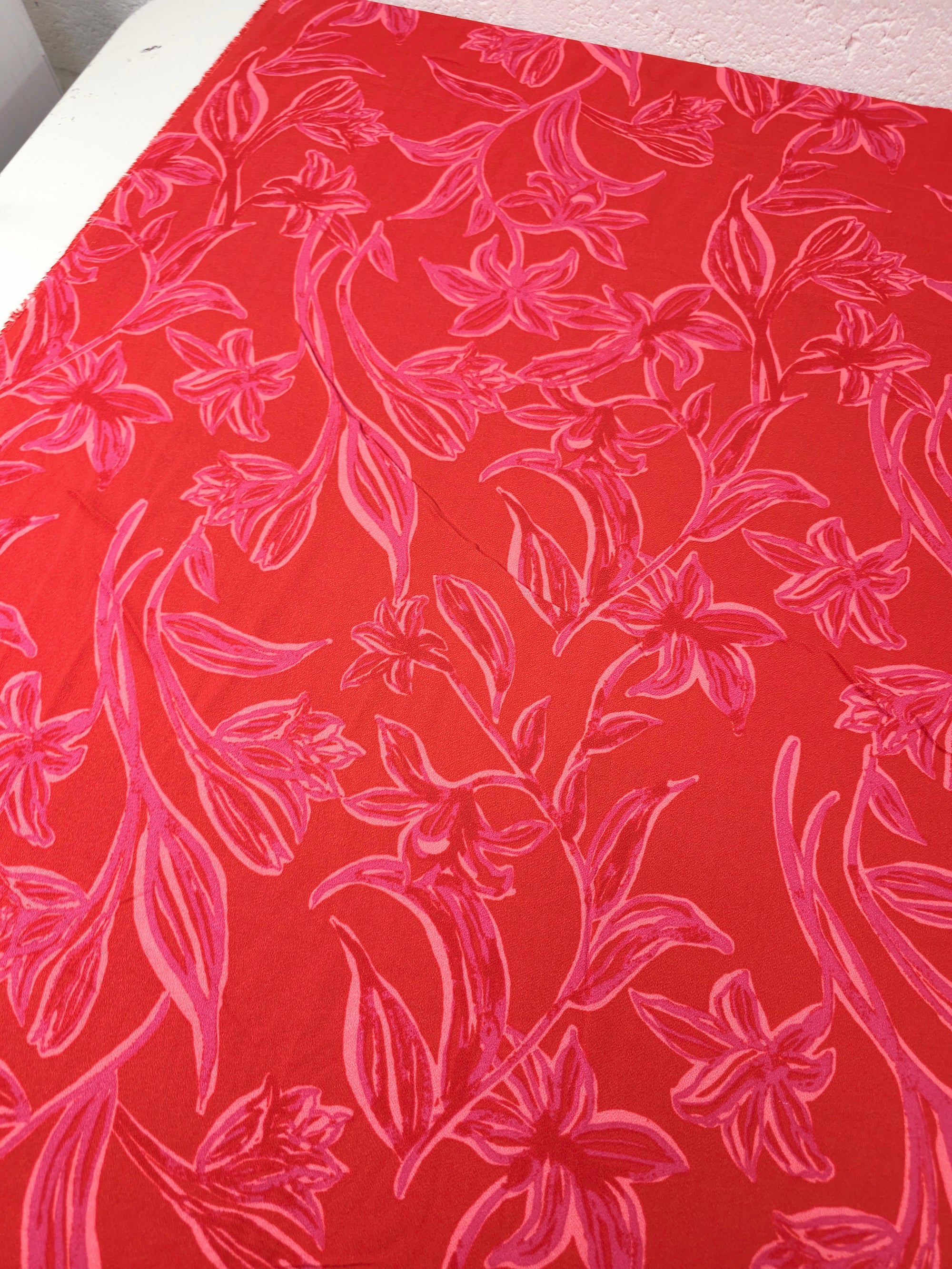 Red/Pinky Mauve Floral Leaf Viscose Challis