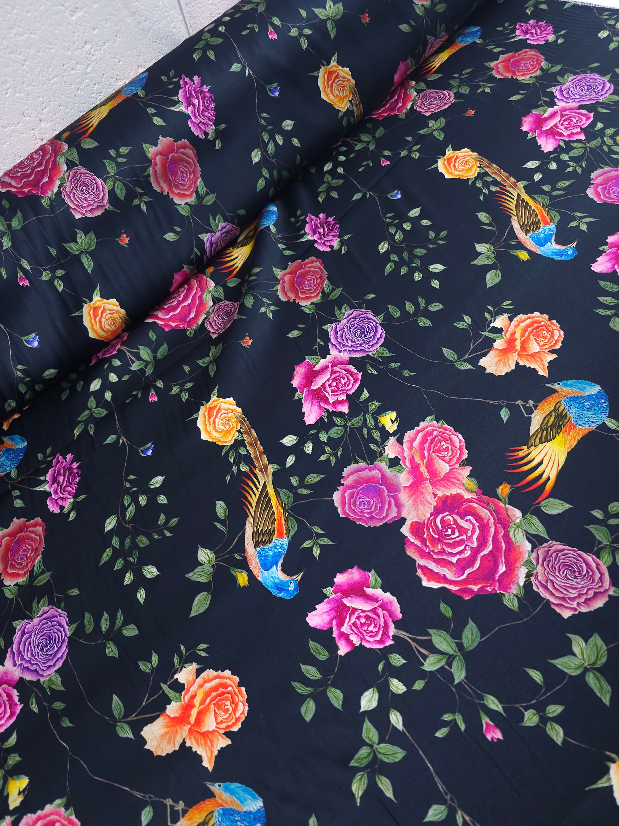 Navy Rose Bird Floral Viscose Satin Stretch