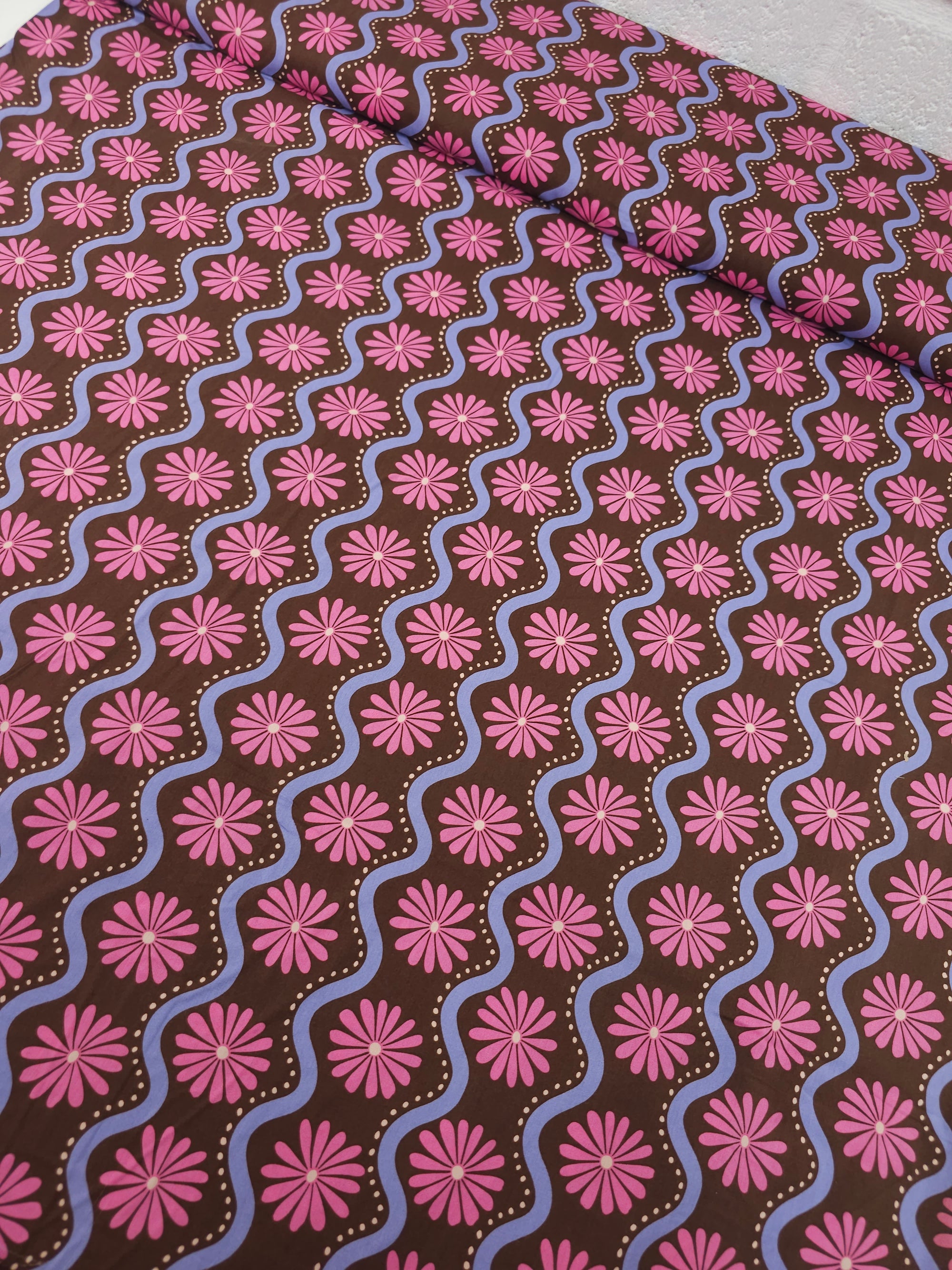 Pink/Lavender Wavy Floral Stripe Cotton Viscose 57"