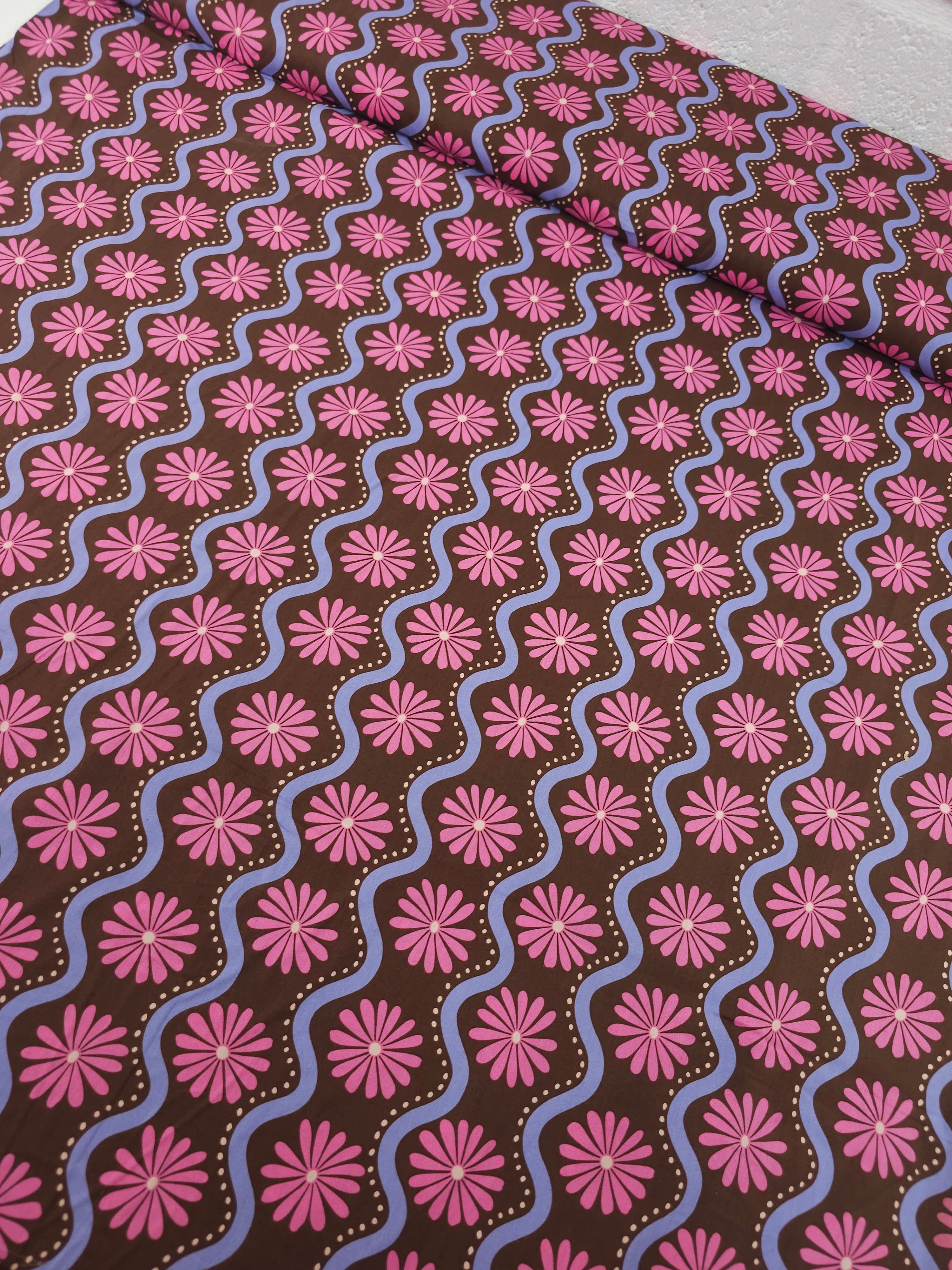 Pink/Lavender Wavy Floral Stripe Cotton Viscose 57"