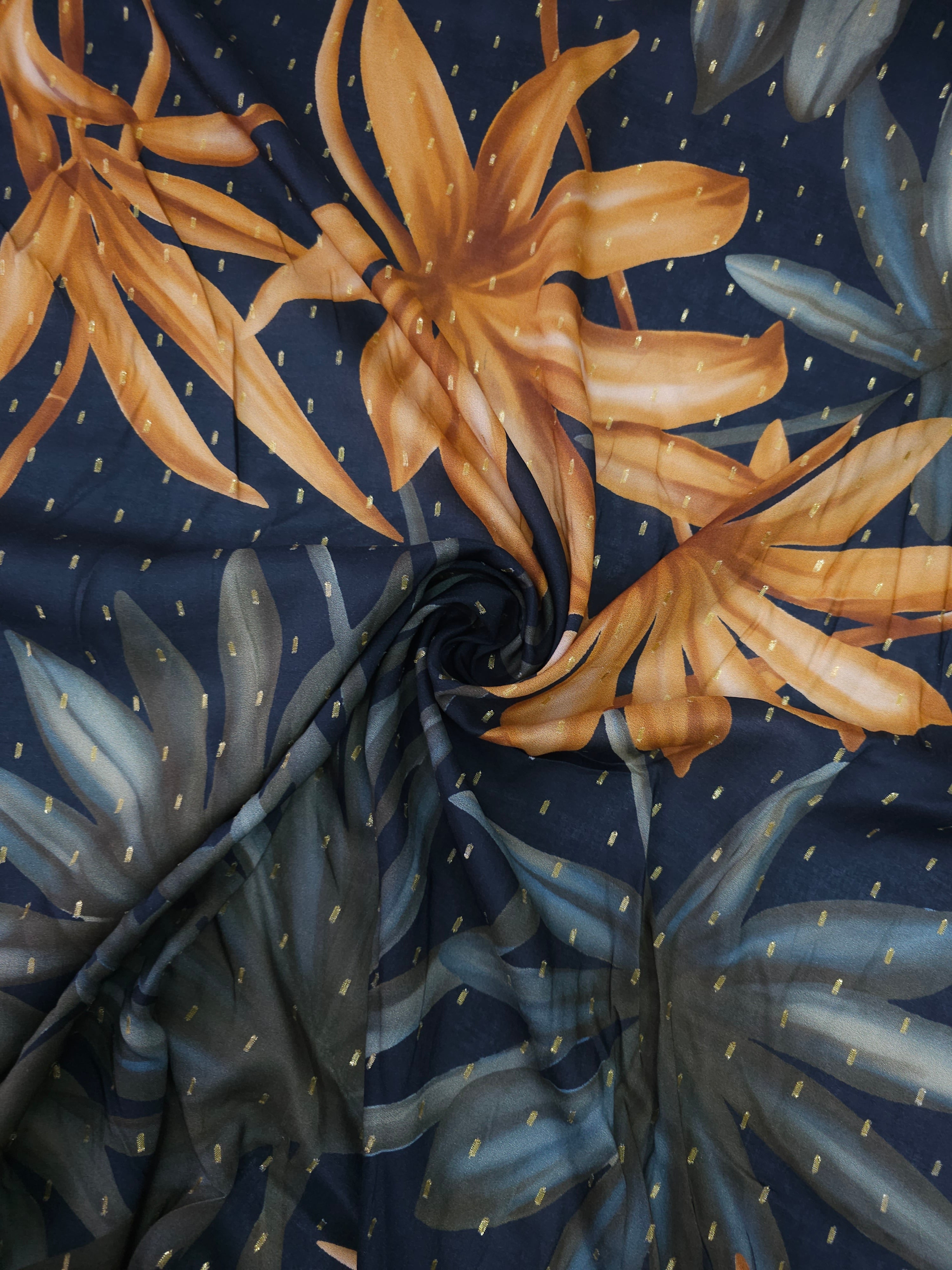 Navy Large Floral Twine Lurex Viscose