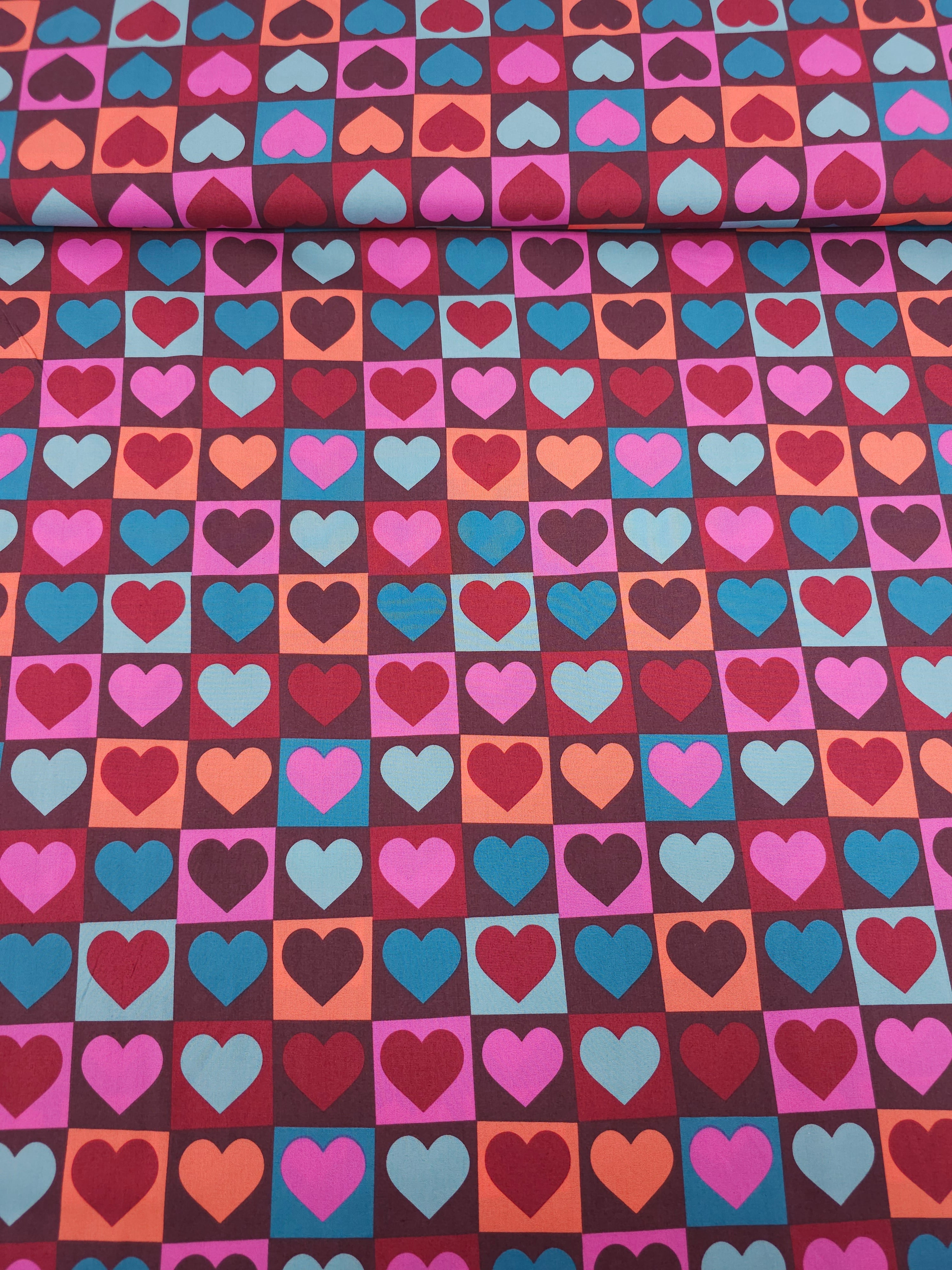 Deep Checkerboard Hearts 100% Cotton 57"