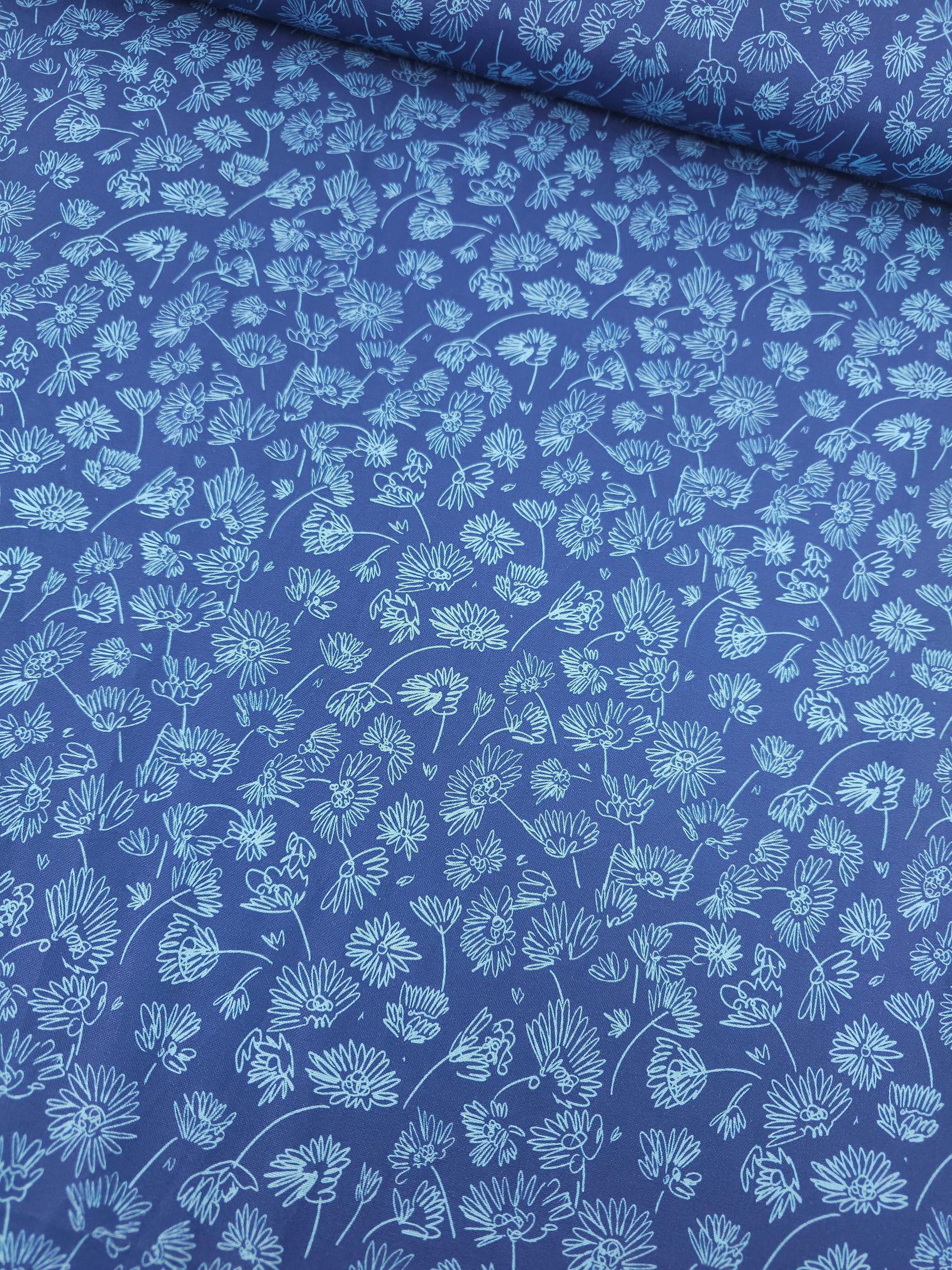 Blue Sketch Floating Flower 100% Cotton