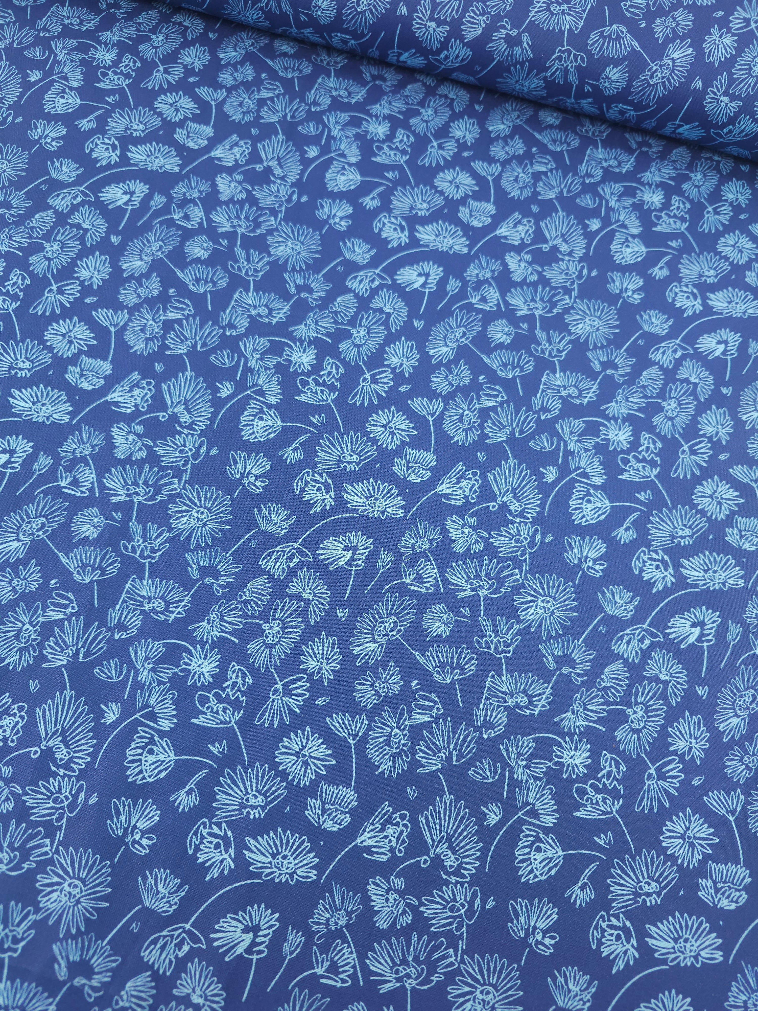 Blue Sketch Floating Flower 100% Cotton