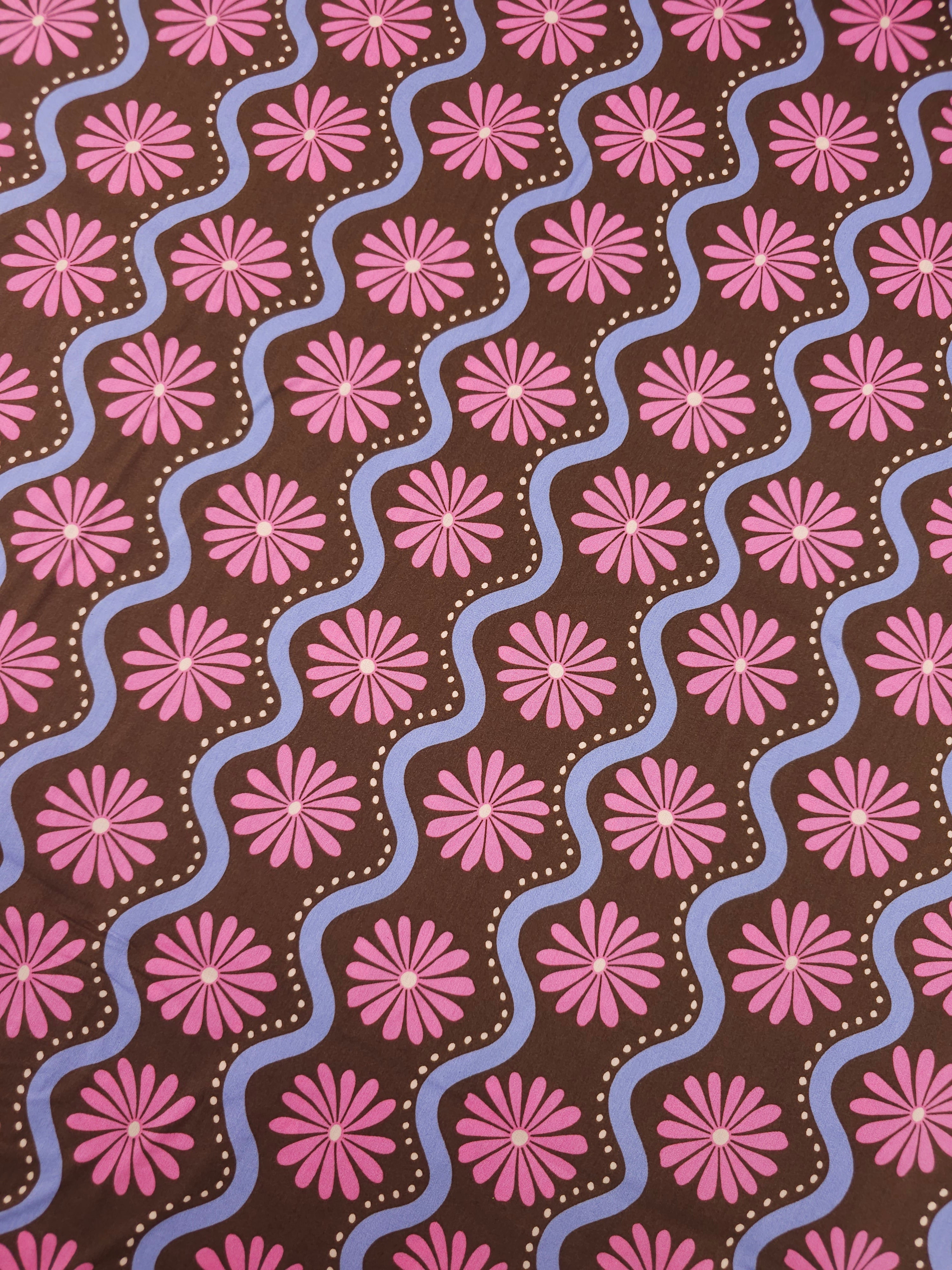 Pink/Lavender Wavy Floral Stripe Cotton Viscose 57"
