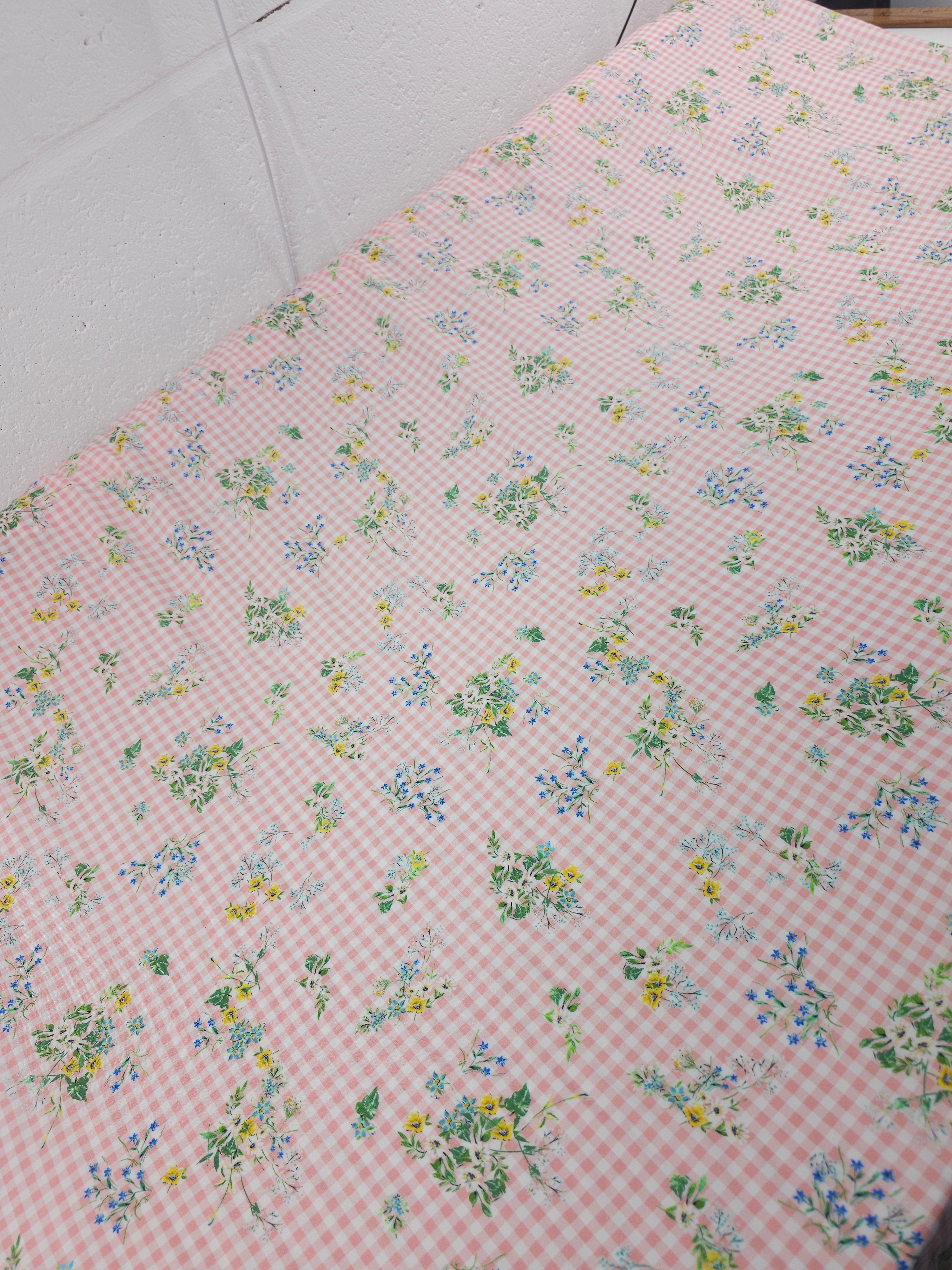 Light Pink Floral Bunch Gingham Viscose Challis