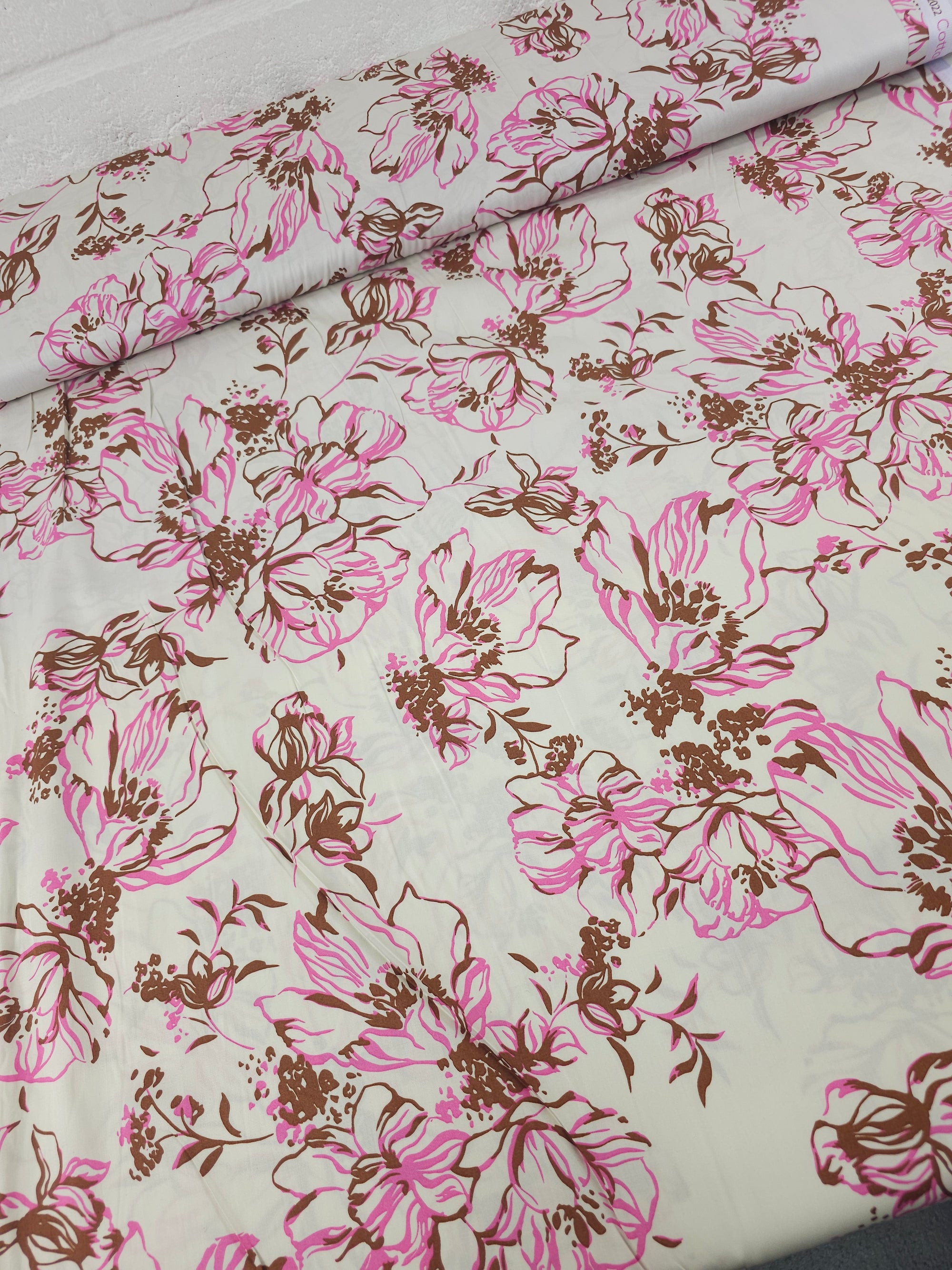 Fuchsia Pink/Brown Sketch Floral Cotton Satin 57"