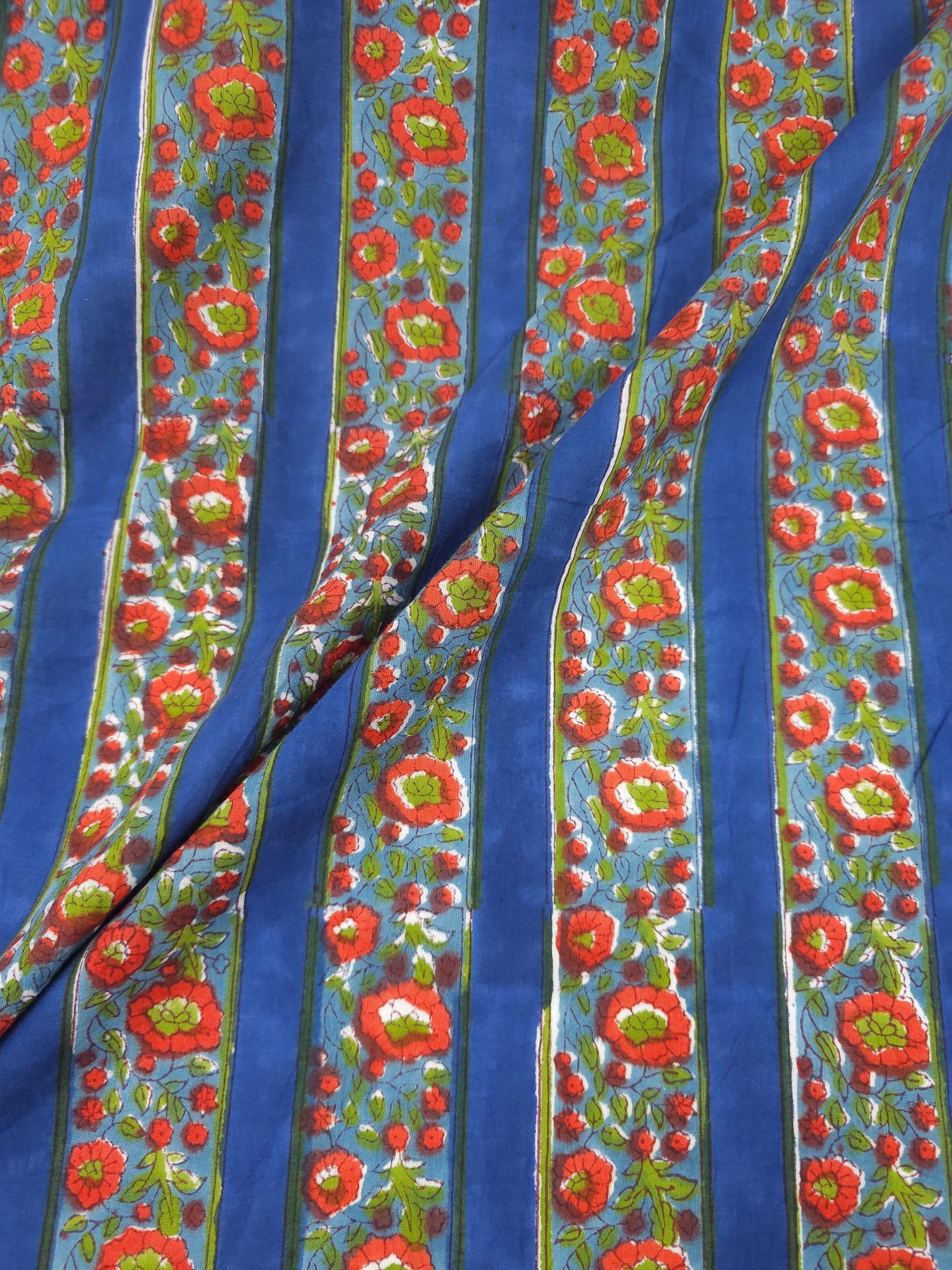 Dark Blue/Red Floral Stripe Block Print Cotton