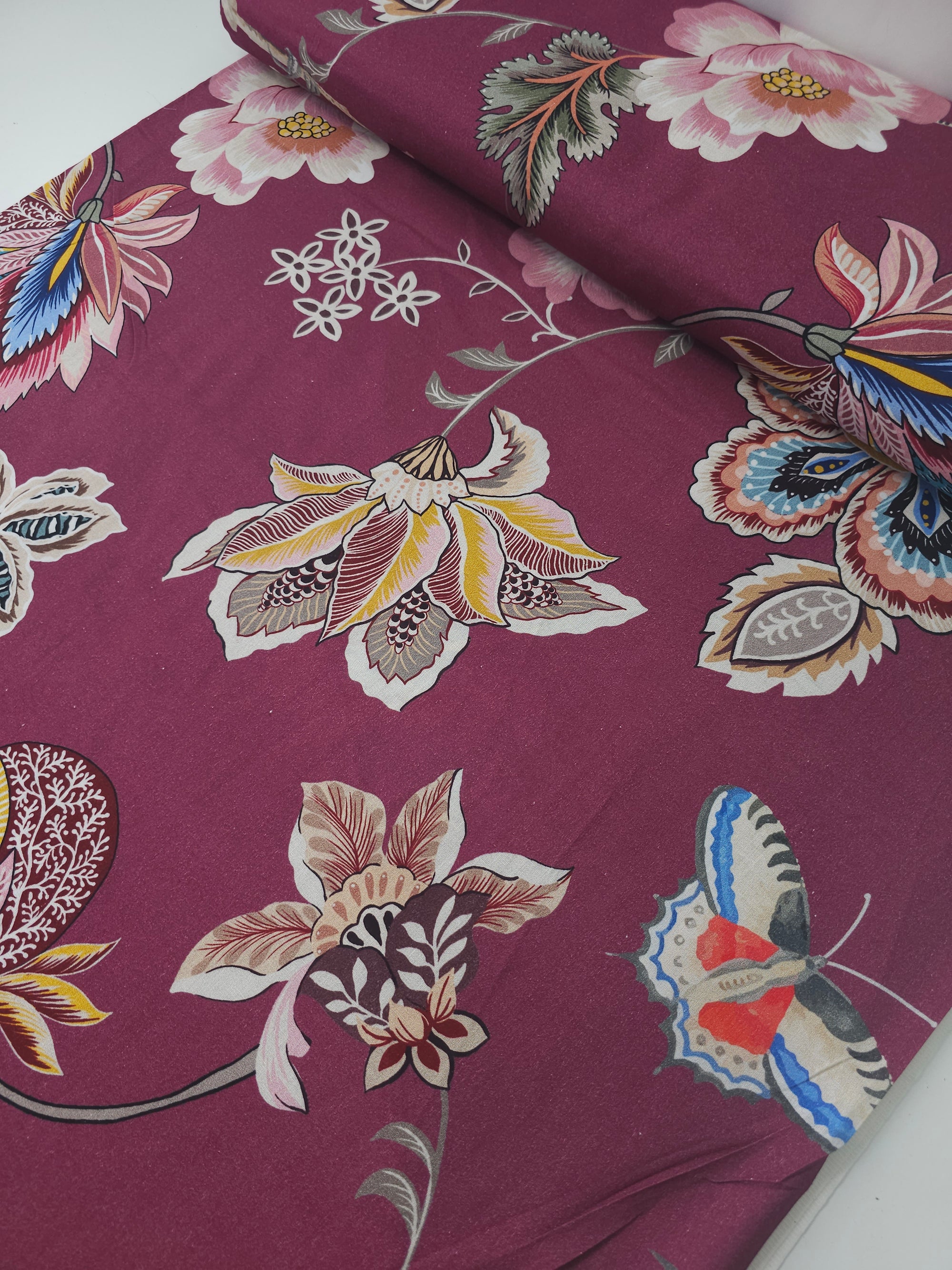 Burgundy Large Butterfly Bird Floral 100% Cotton 106" *EXTRA WIDE*