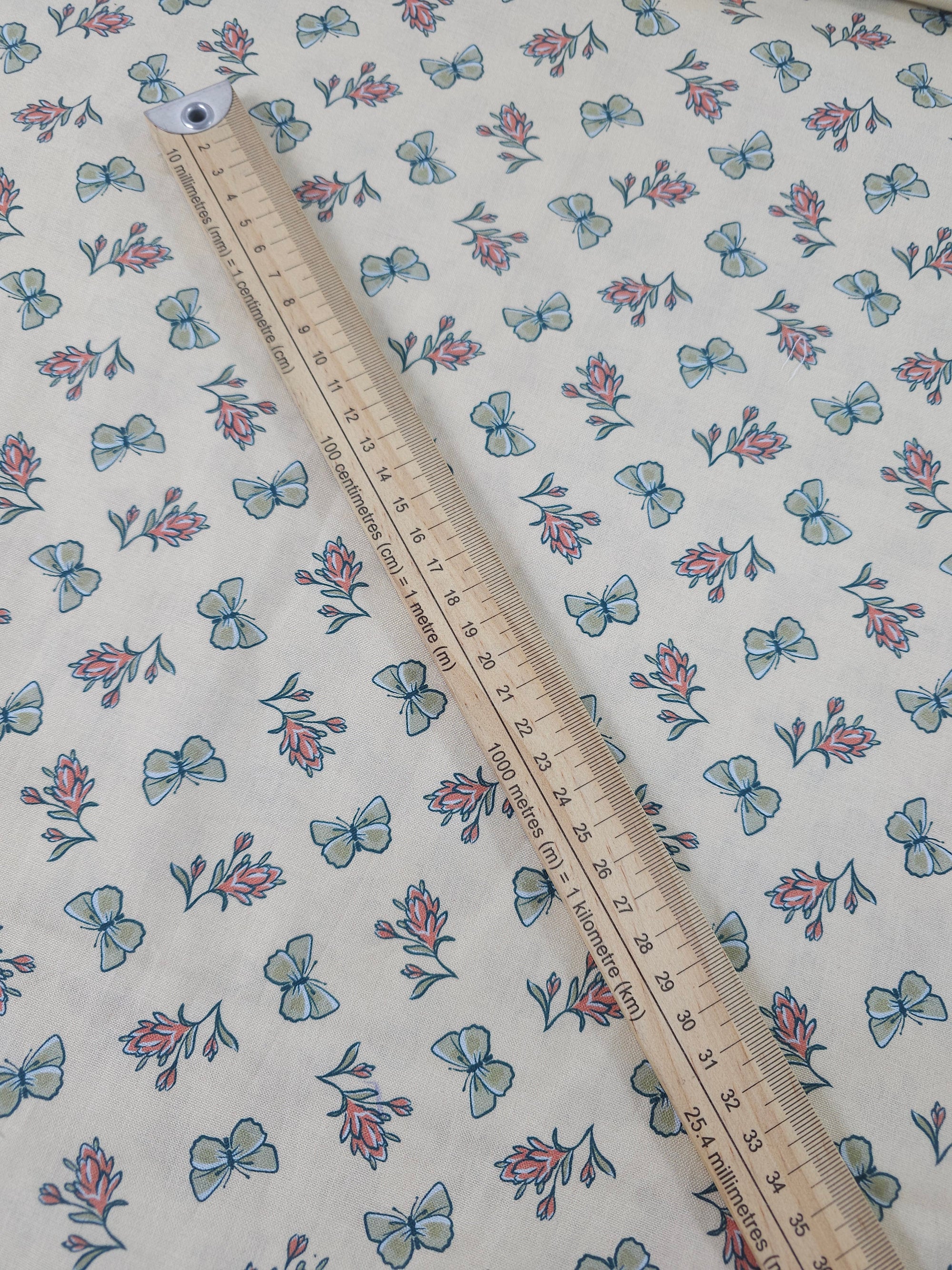 Cream Retro Butterfly Flower 100% Cotton