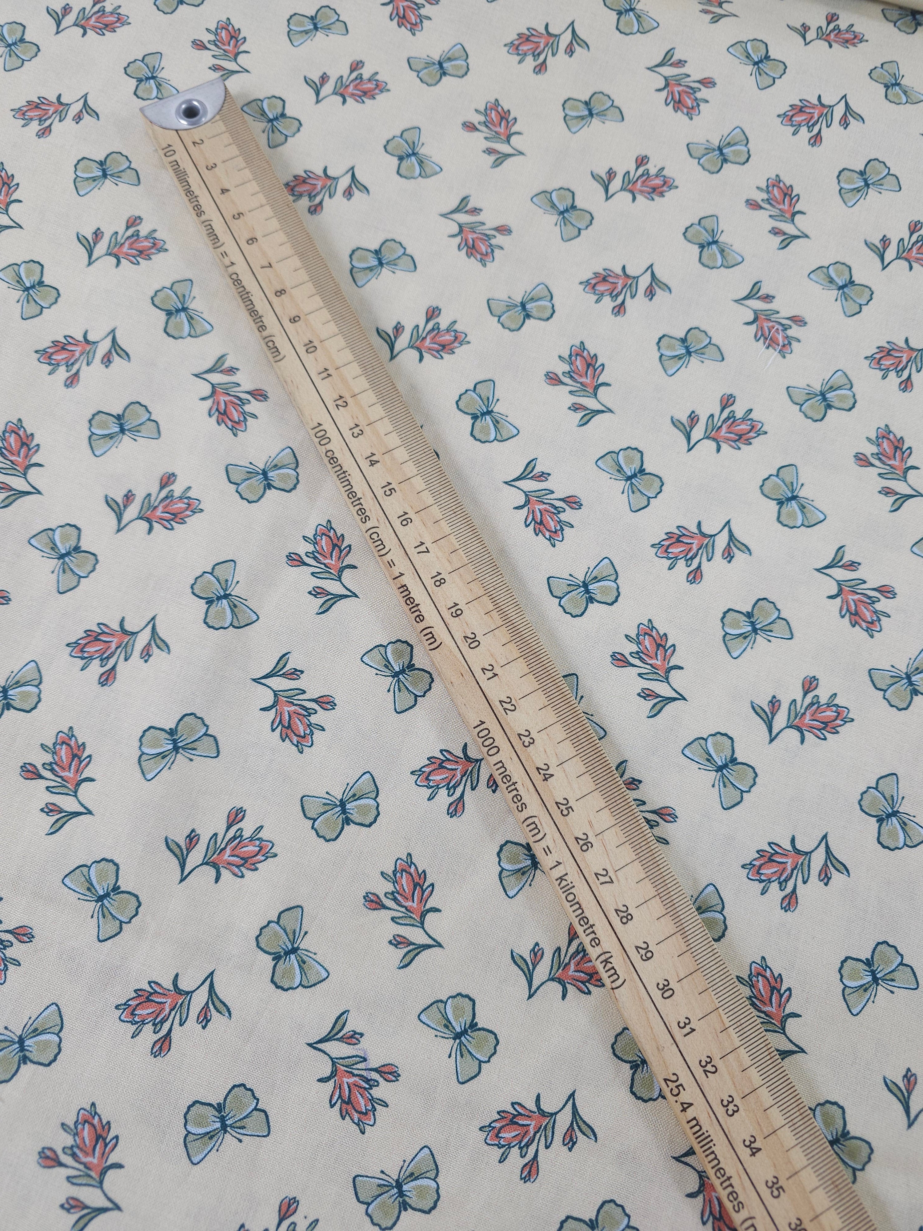 Cream Retro Butterfly Flower 100% Cotton
