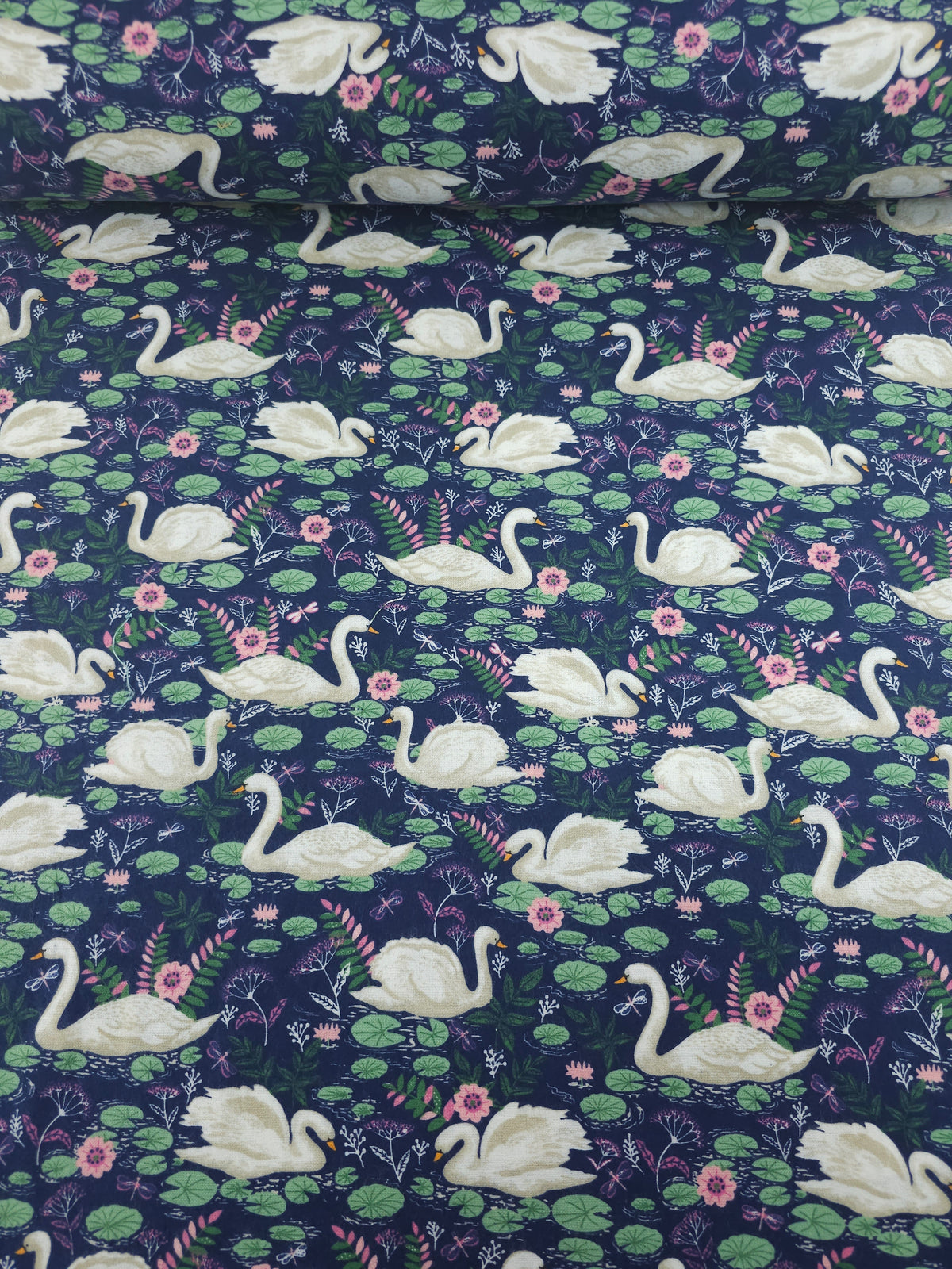 Navy Curious Swans Lightweight Flannel Cotton - Joann