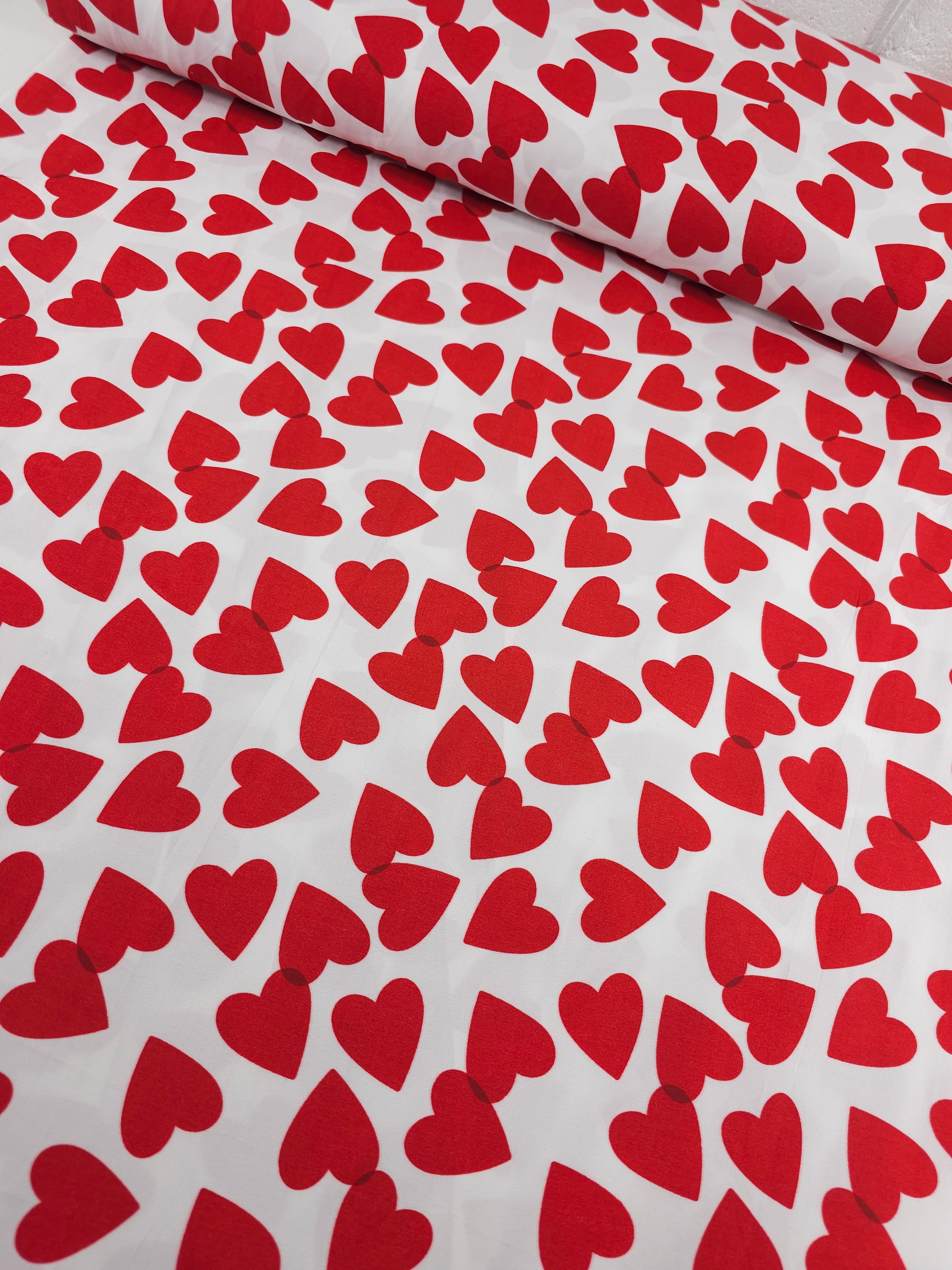 Red/White Small Floating Hearts Poly Sheeting  102" *EXTRA WIDE*