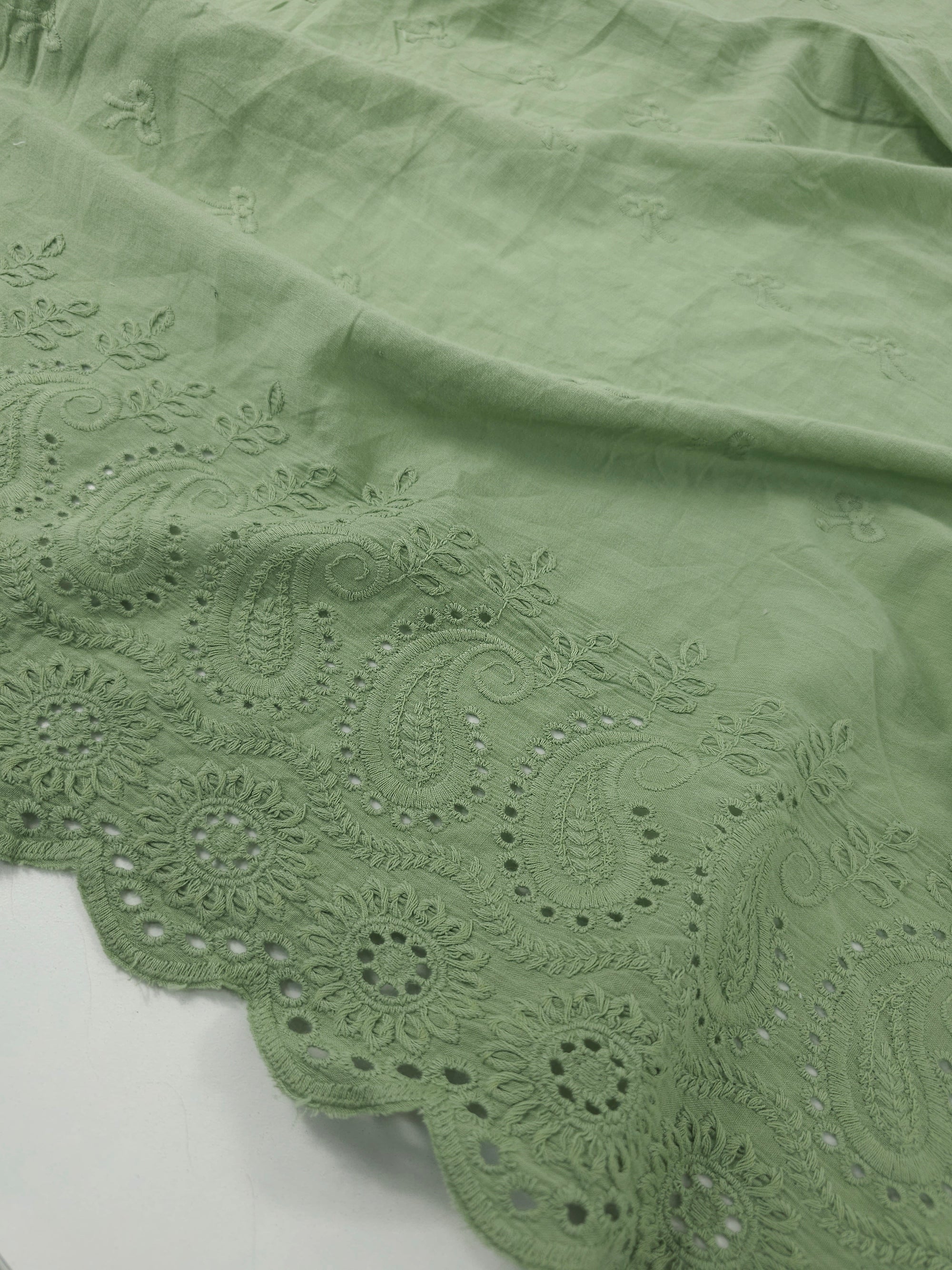 Sage Bow Paisley Cambric Cotton Broderie Anglaise