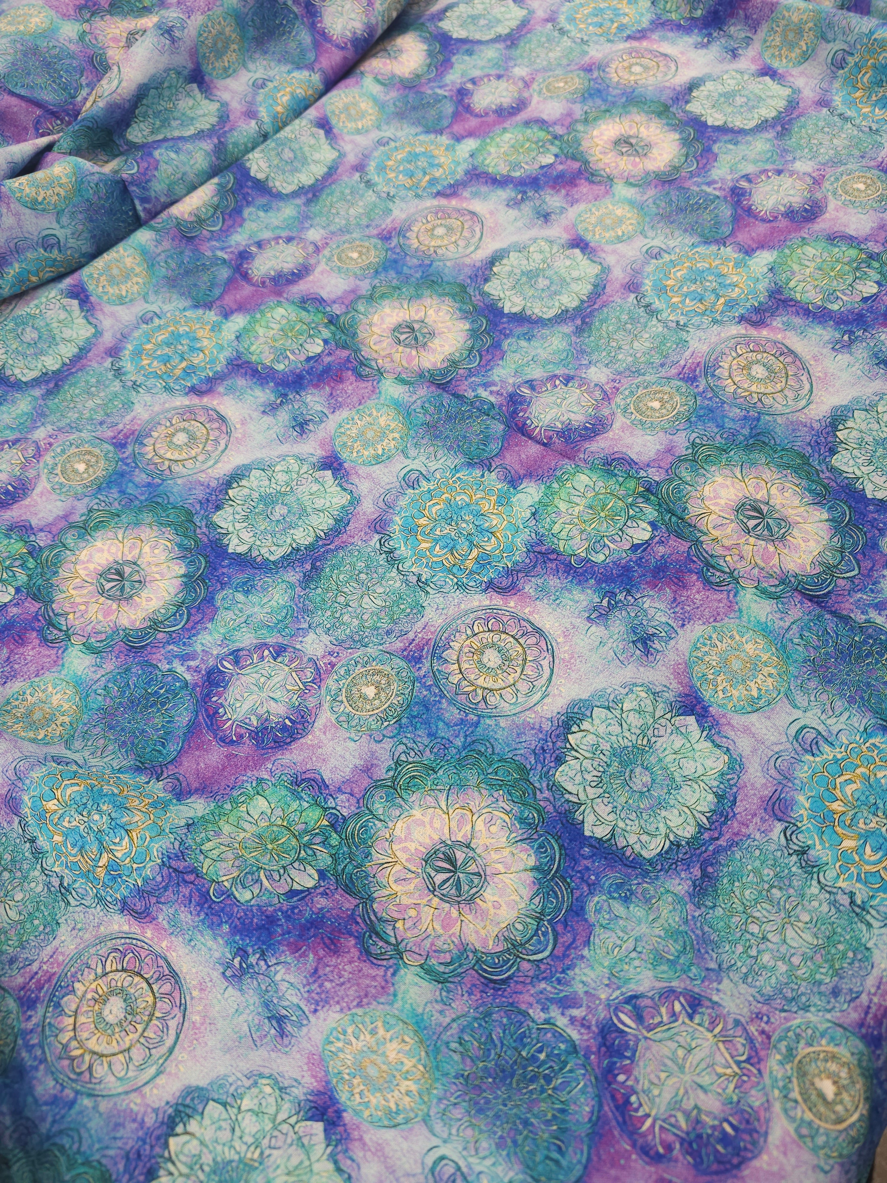 Purple/Turquoise Spiral Medallion 100% Cotton 104” *EXTRA WIDE*