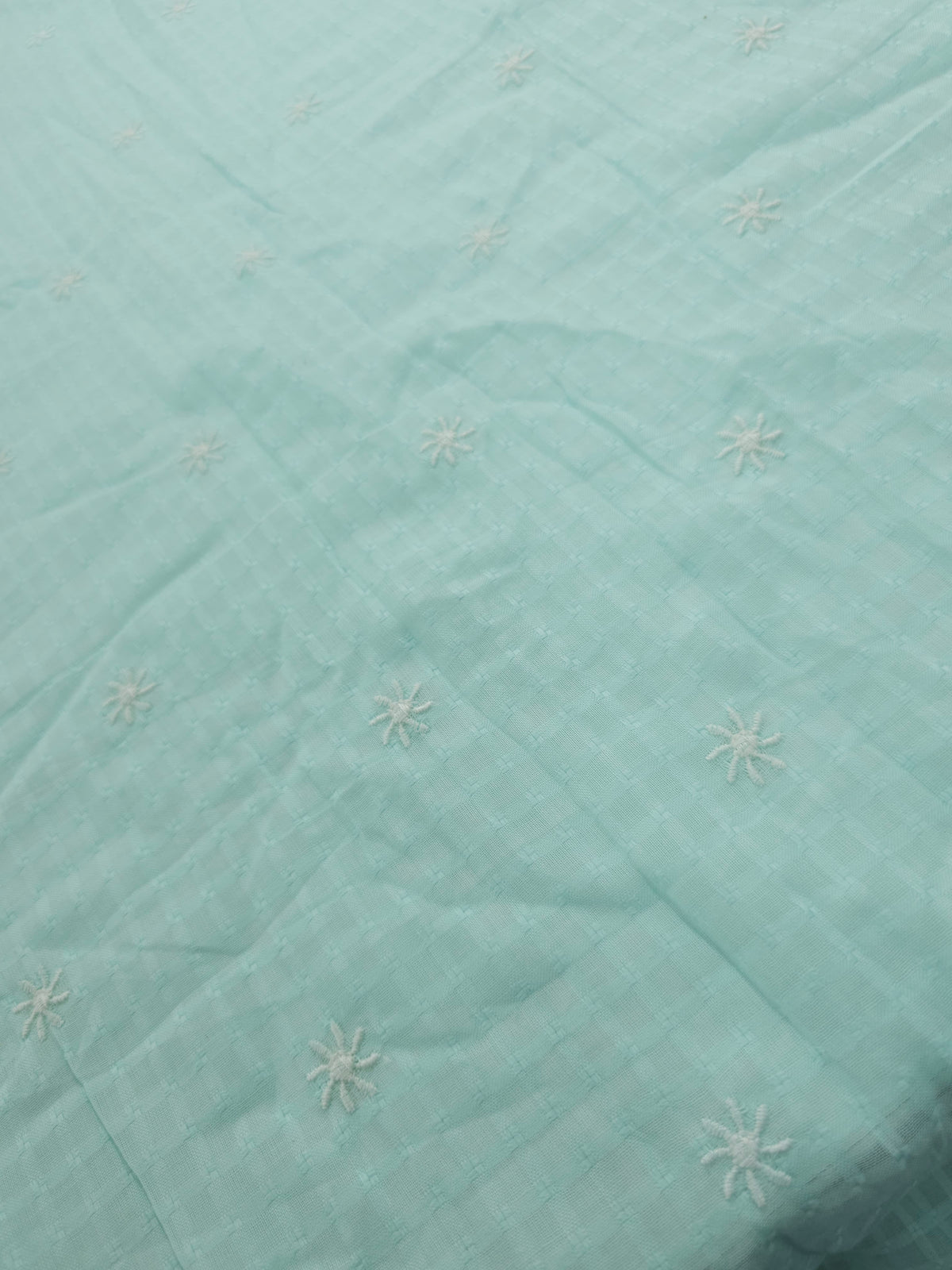 Mint Blue Embroidered Star Flower Cotton Voile
