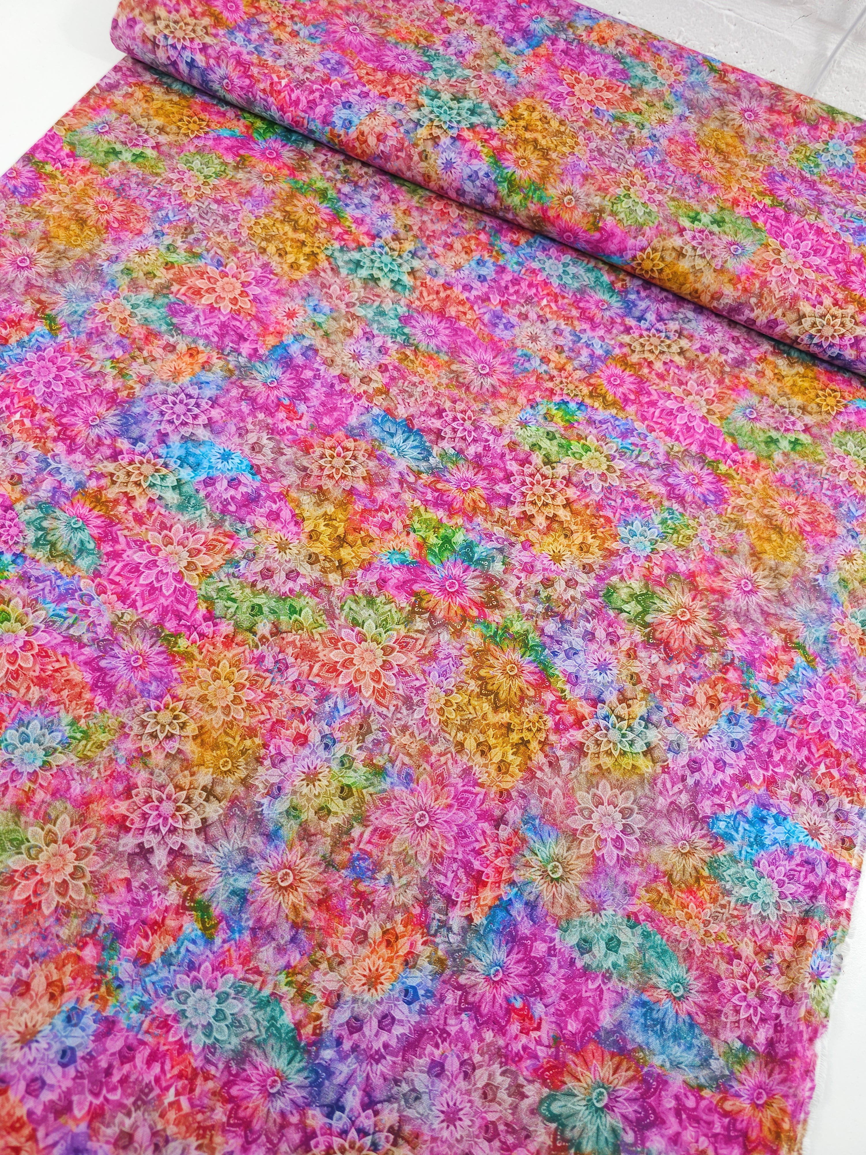 Light Multicolour Dancing Dahlias Kaleidoscope 100% Cotton
