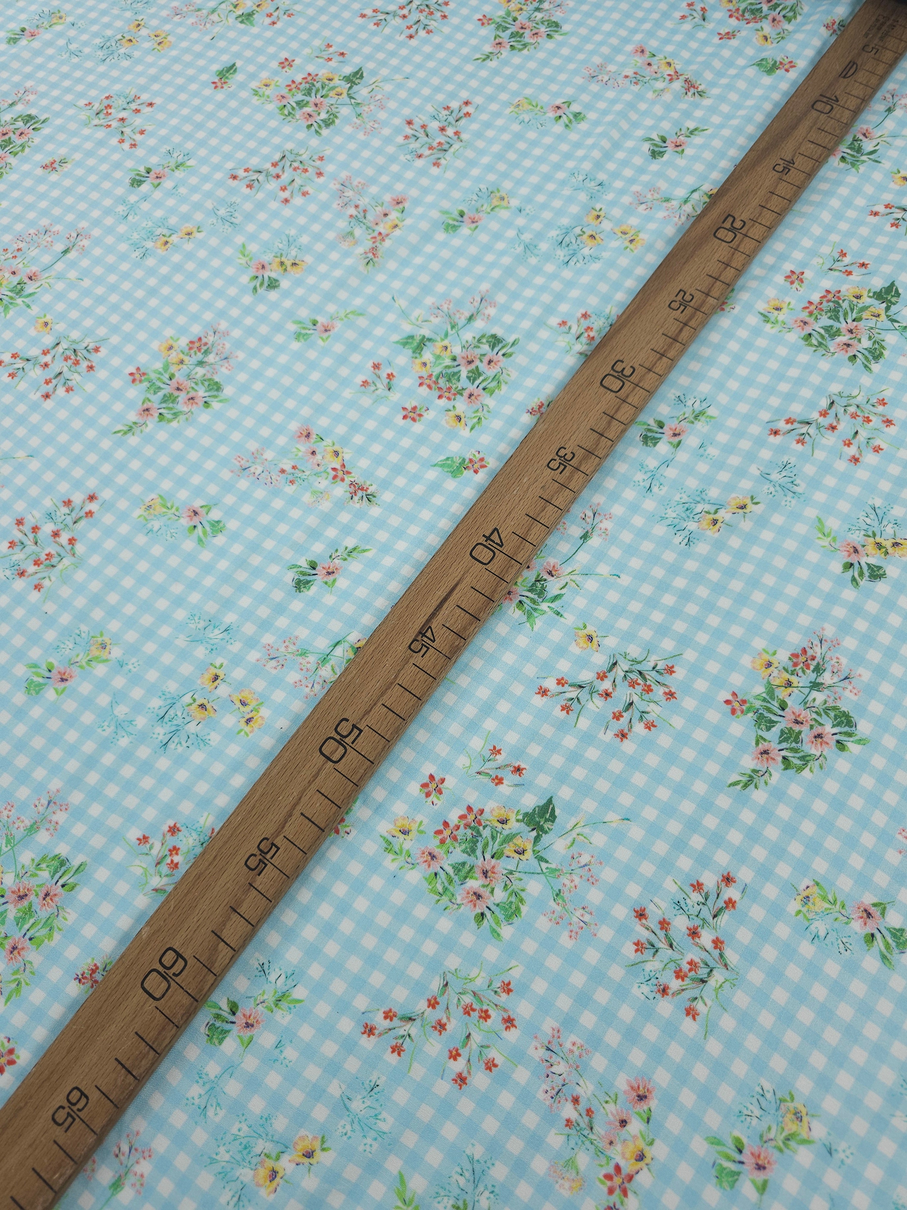 Light Blue Floral Bunch Gingham Viscose Challis