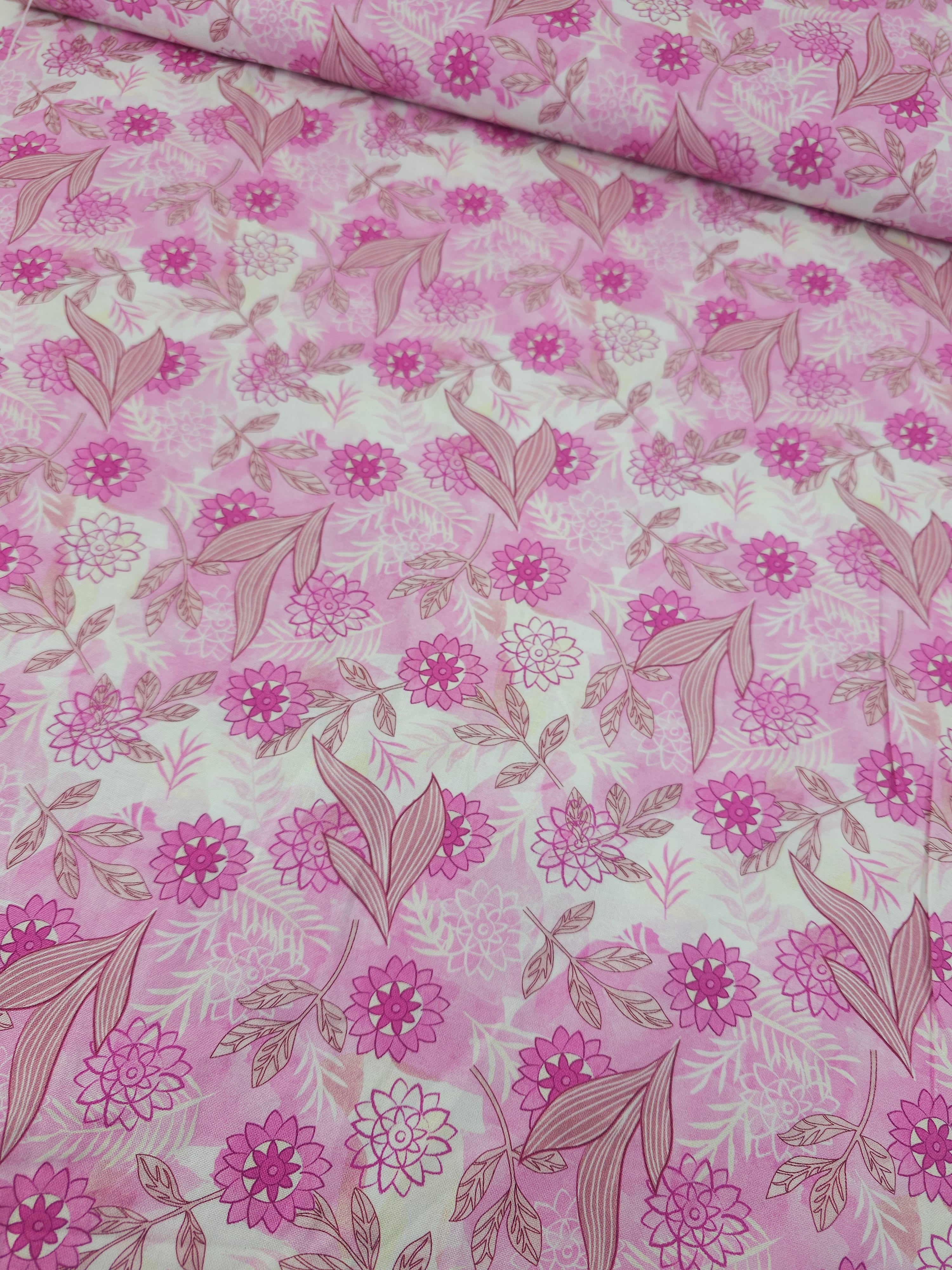 Pink Puff Leaf Floral 100% Cotton