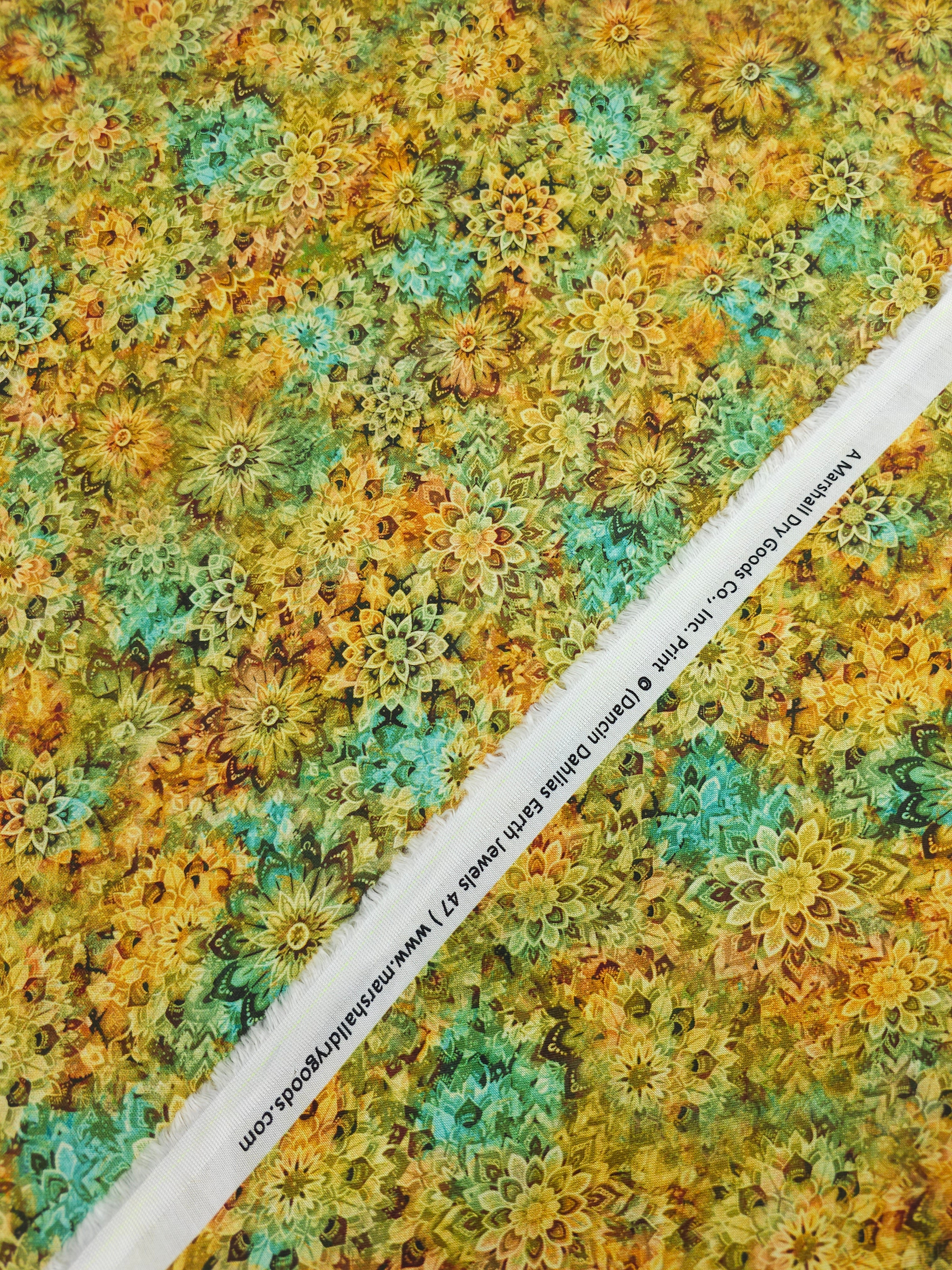 Marigold/Turquoise Dancing Dahlias Kaleidoscope 100% Cotton 108" *EXTRA WIDE*
