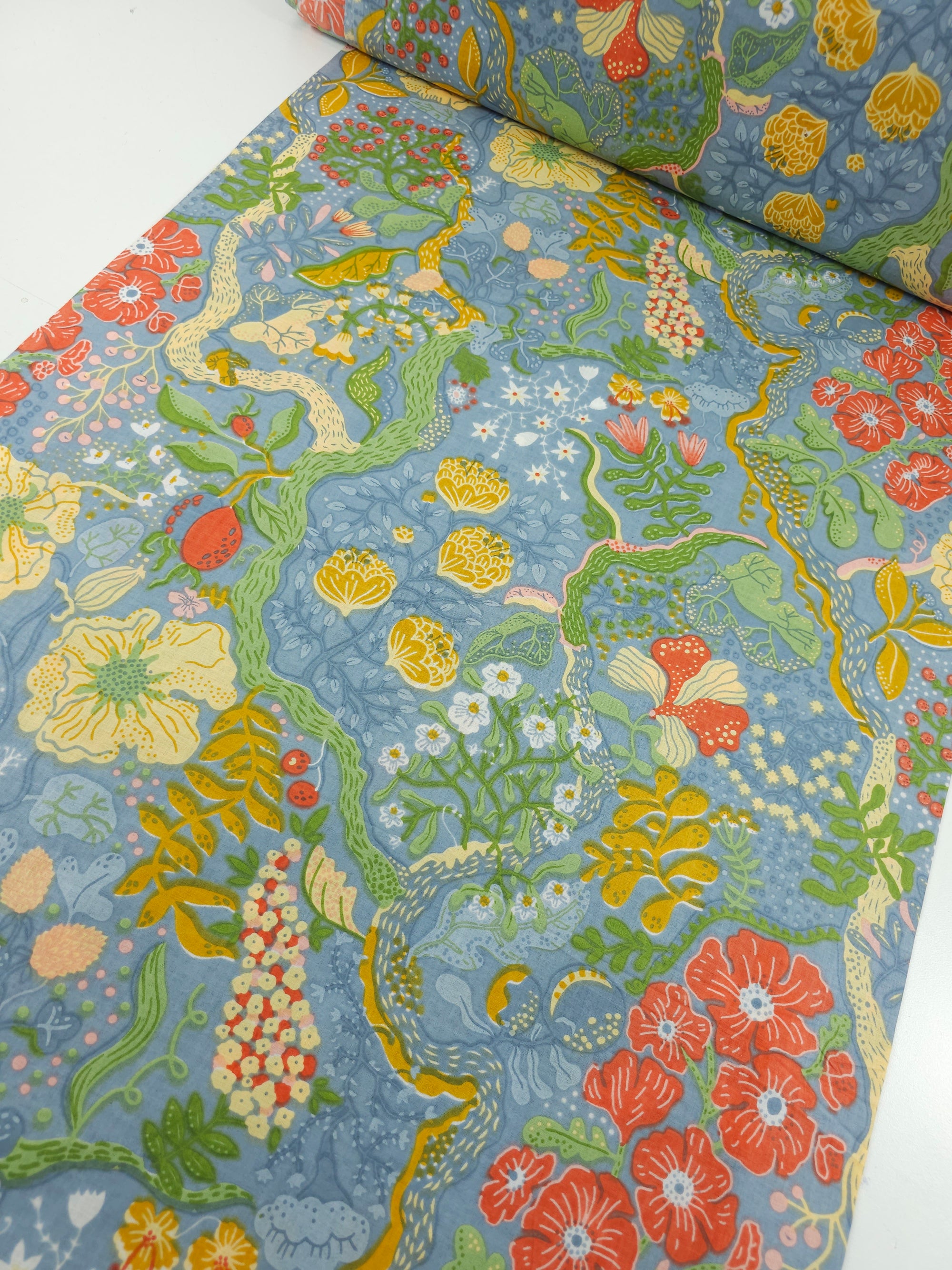 Petrol Blue Floral Whirl Garden Cambric Cotton
