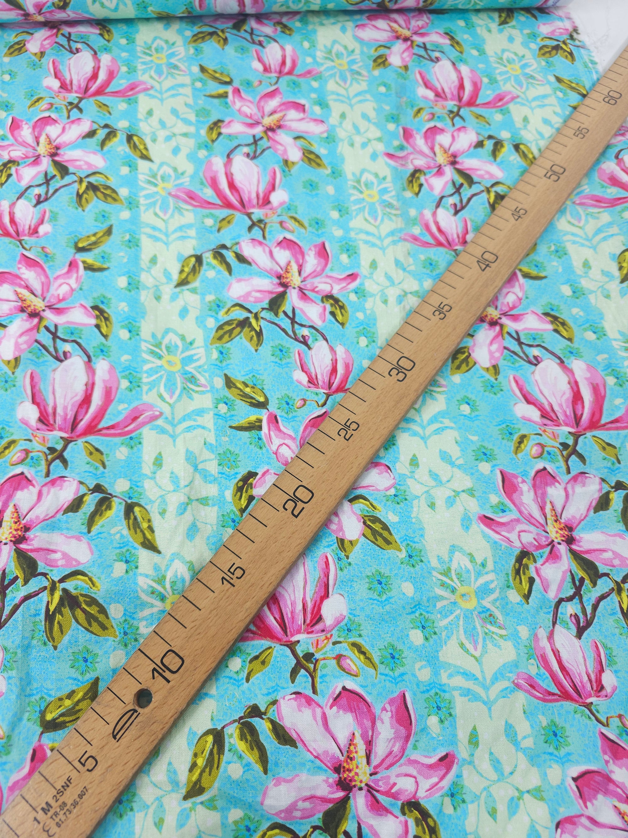Turquoise Wild Magnolias Stripe 100% Cotton - Odile Bailloeul