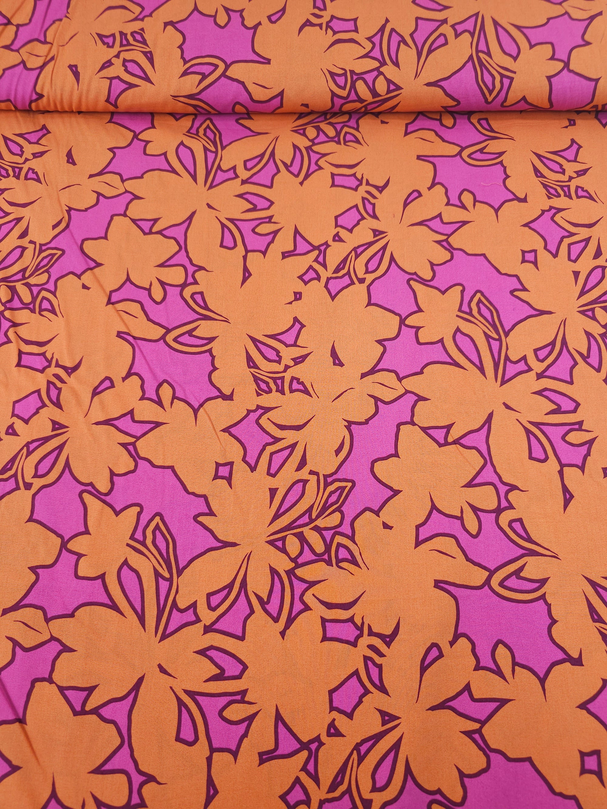 Orange/Fuchsia Pink Floral Outline Fine Cotton Poplin 57"