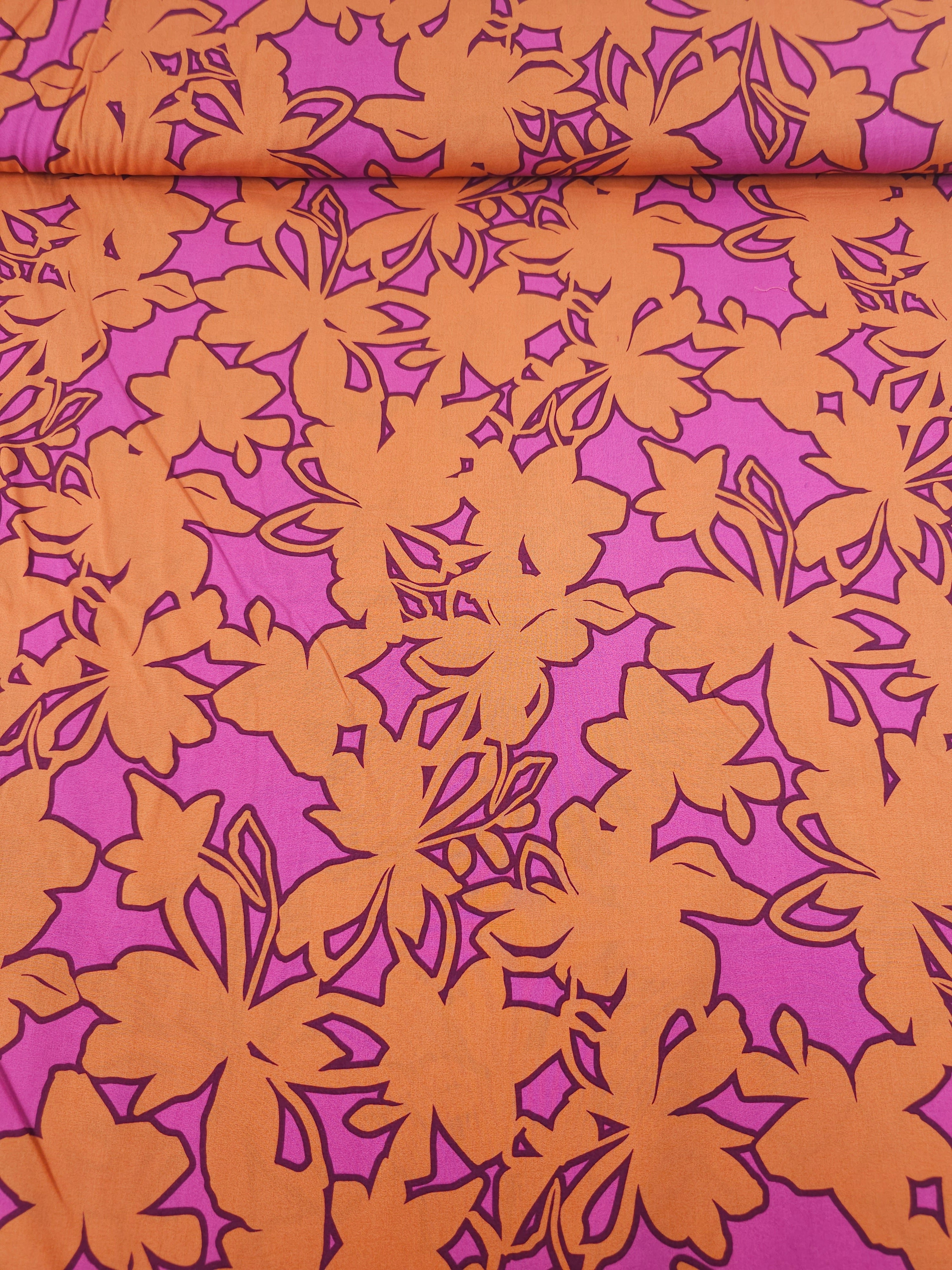 Orange/Fuchsia Pink Floral Outline Fine Cotton Poplin 57"