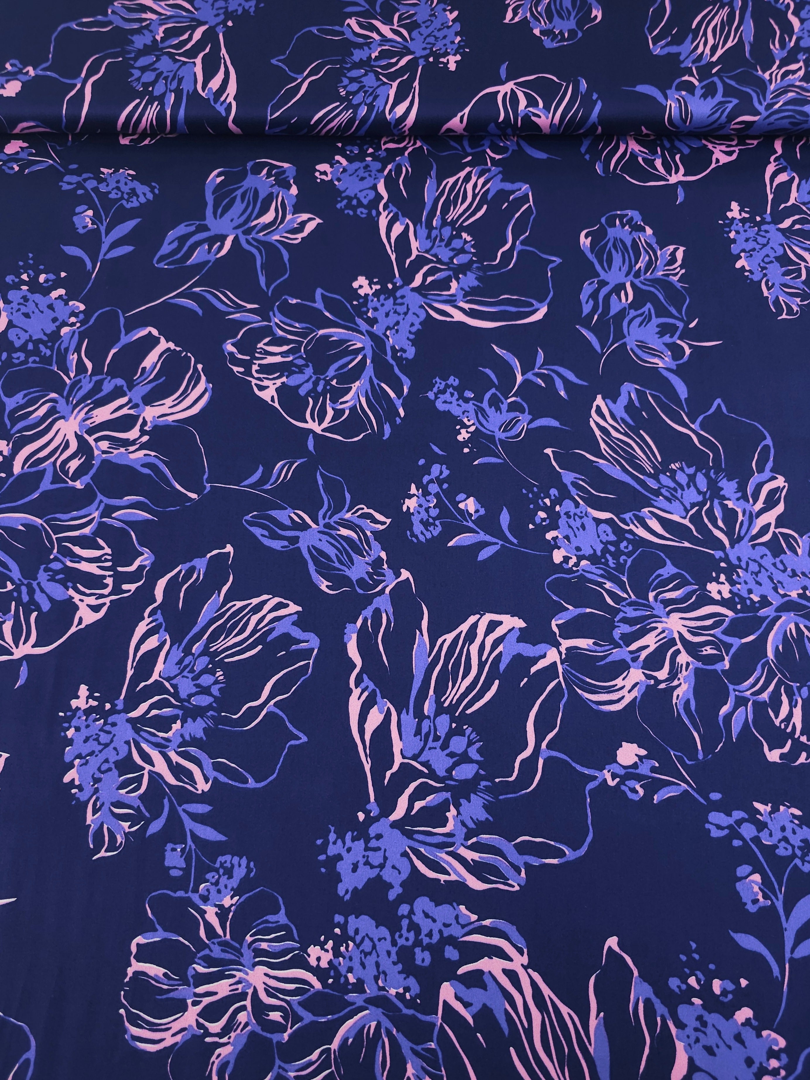 Navy/Pink Sketch Wildflower Cotton Satin 60"