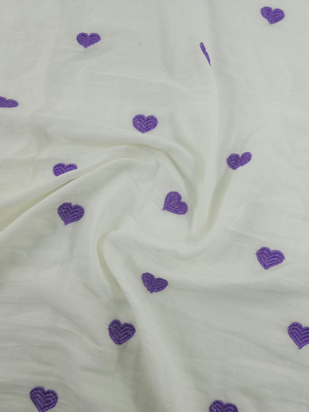 Purple Embroidered Hearts Fine Double Gauze