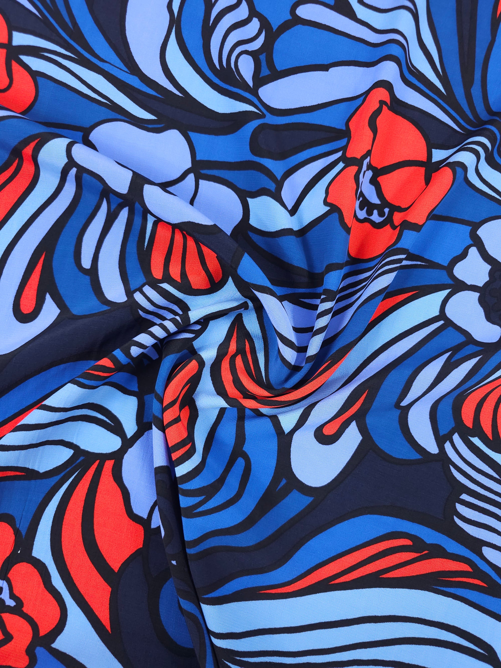 Blue/Red Doodle Floral Swirl Viscose Crepe