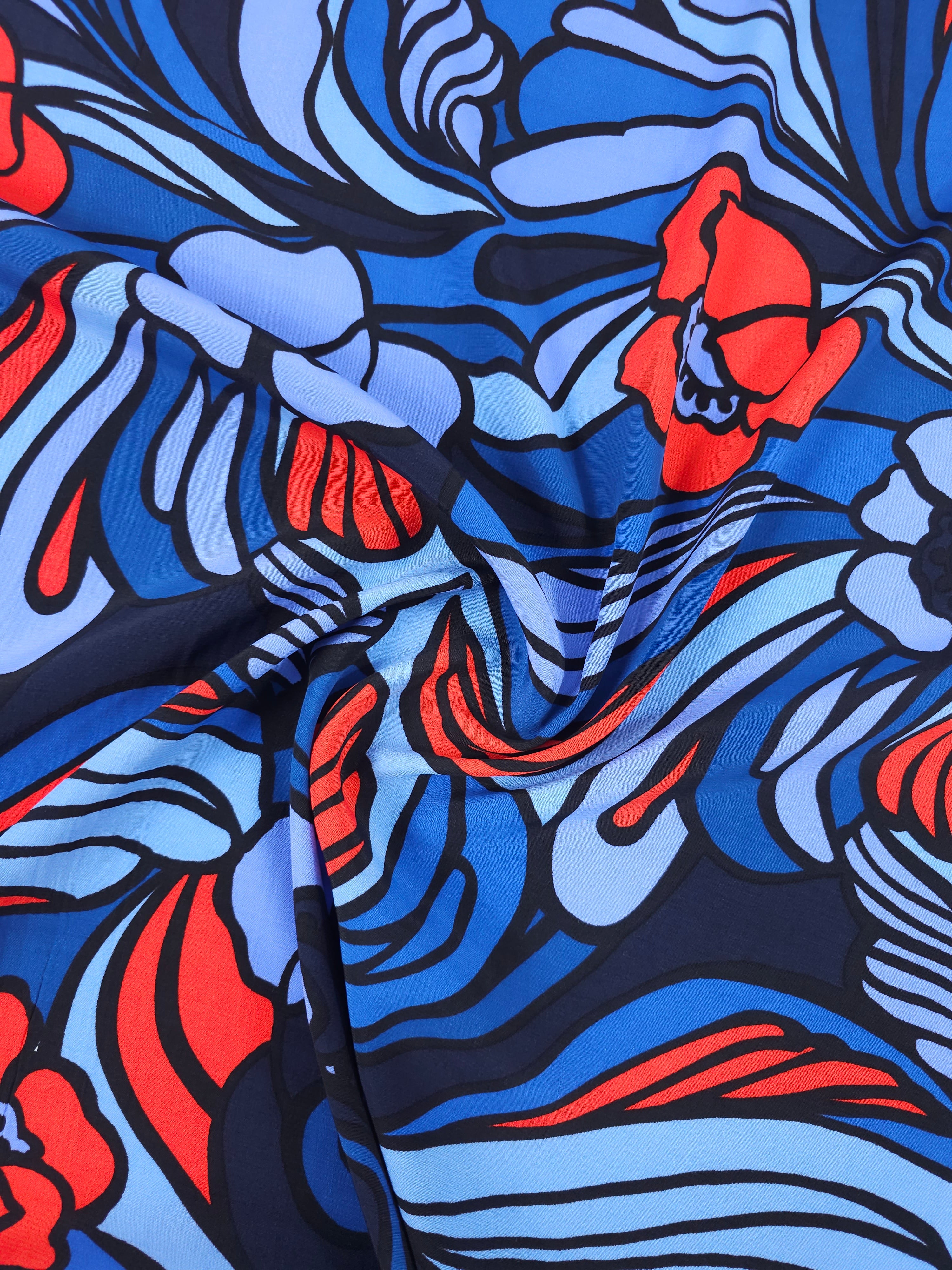 Blue/Red Doodle Floral Swirl Viscose Crepe
