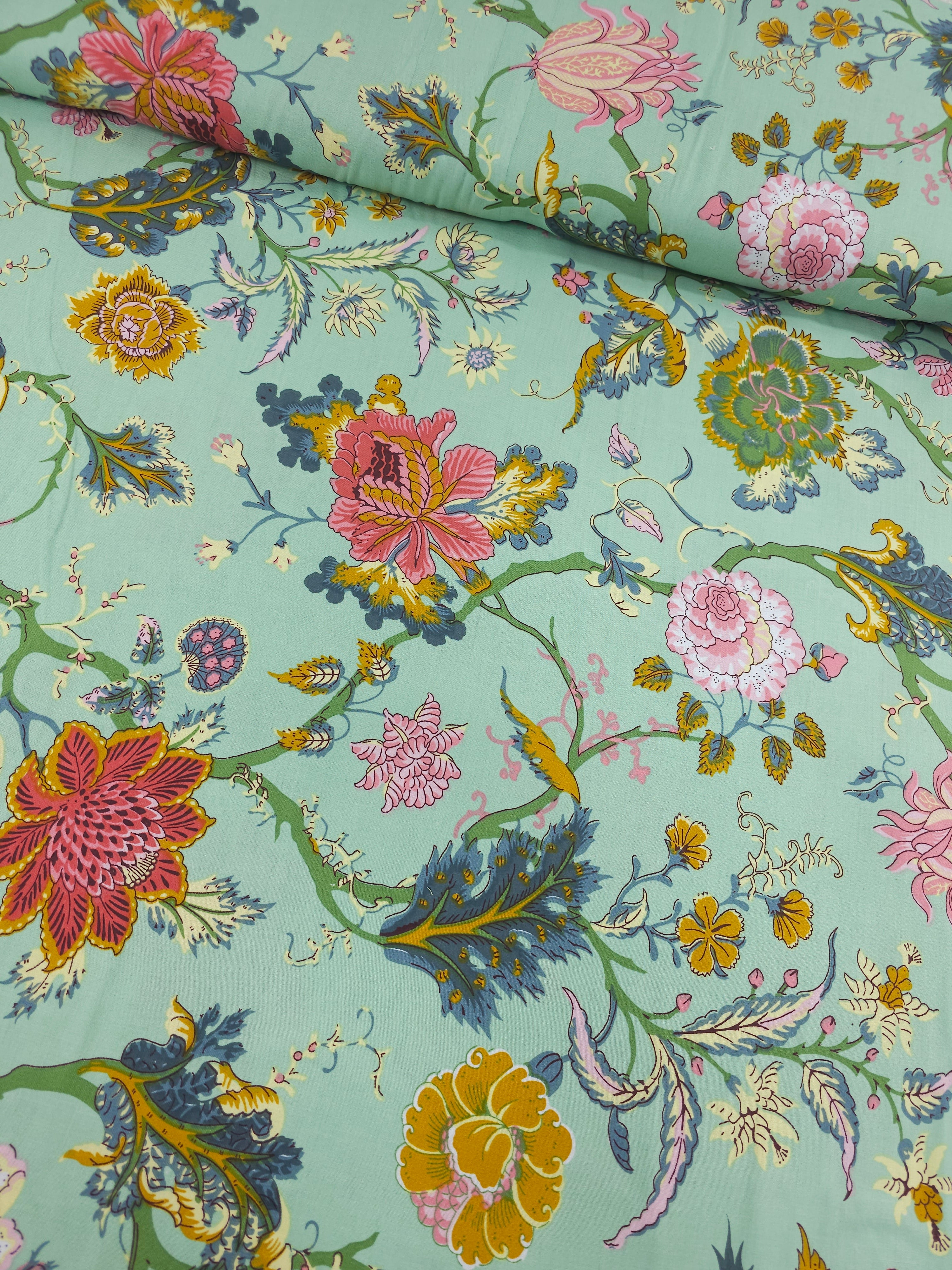 Minty Green Retro Floral 100% Cotton 110"