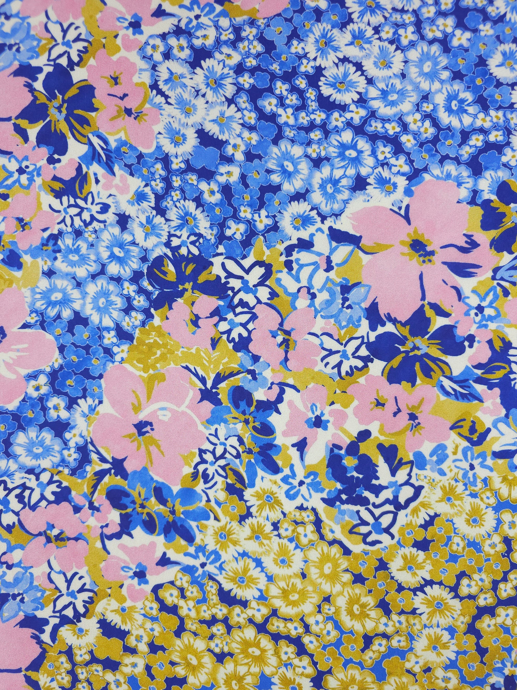 Blue/Marigold Daisy Blossom Viscose Challis