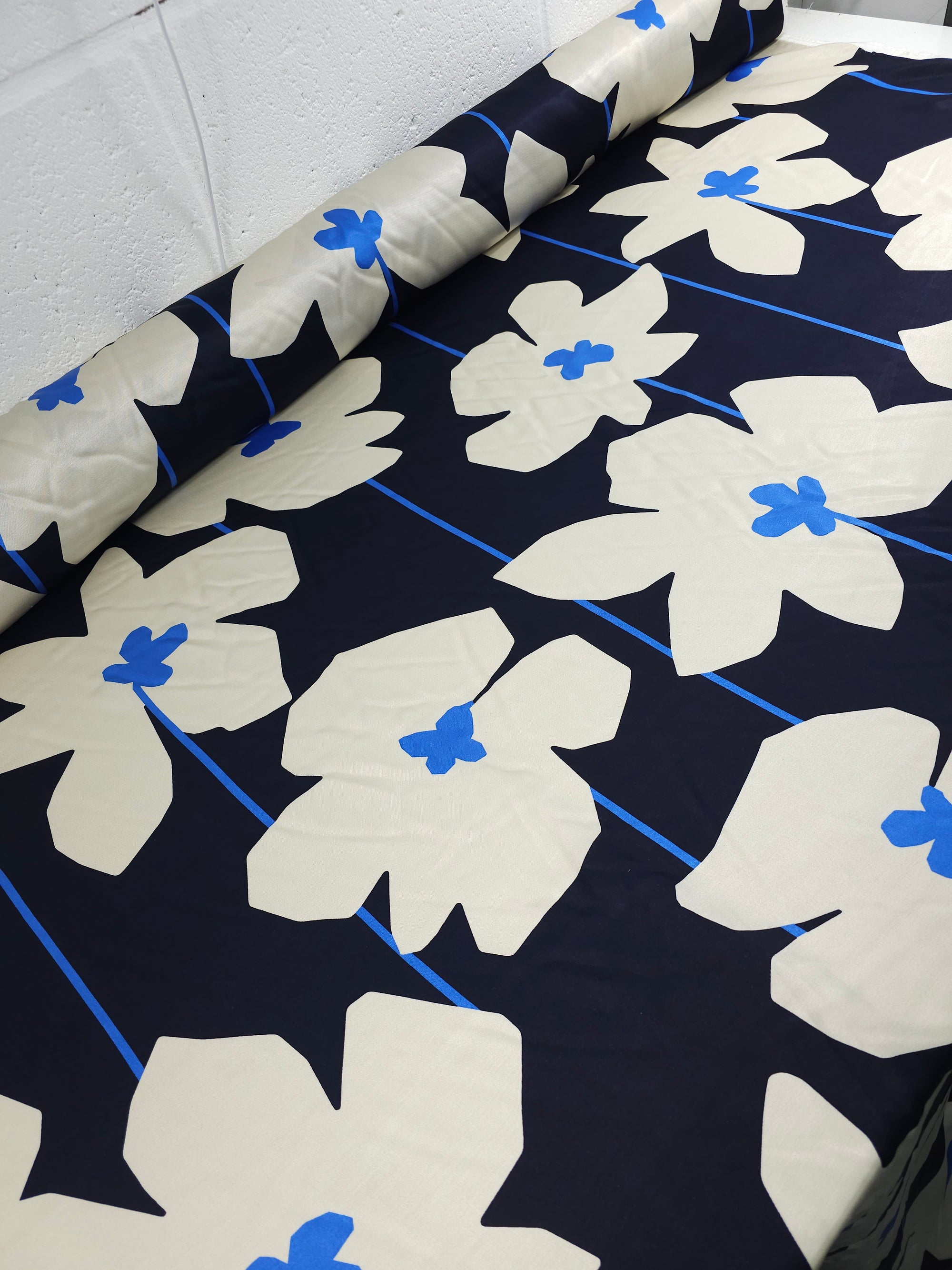 Navy Large Flower Stem Viscose Satin