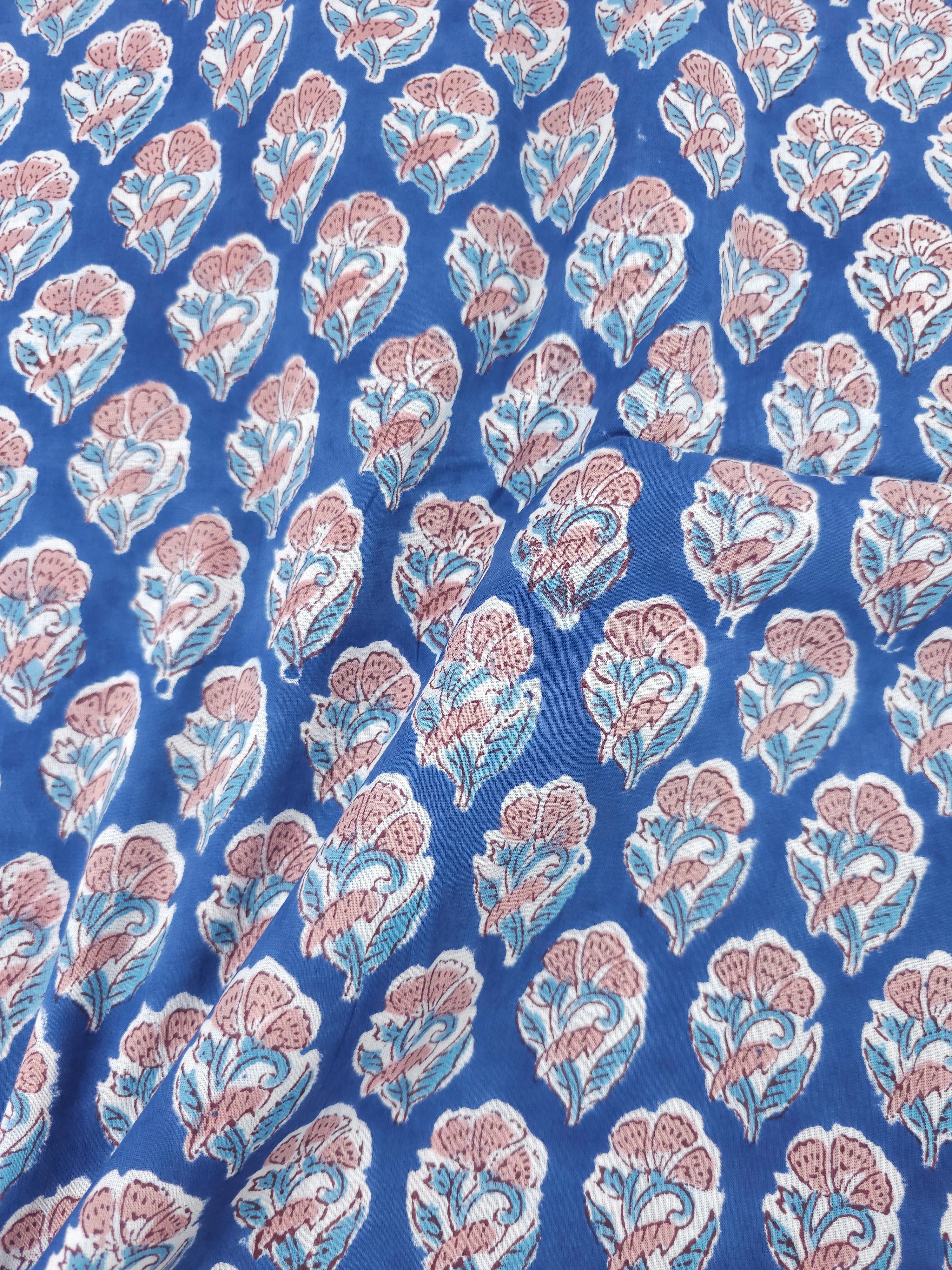 Blue/Peach Floral Block Print Cotton