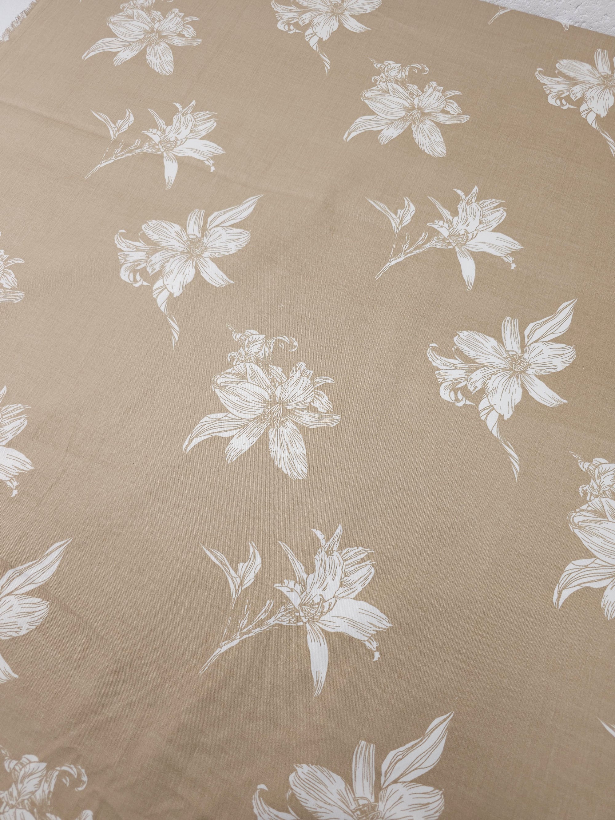 Beige Sketch Floating Flowers Heavy Cotton Poplin