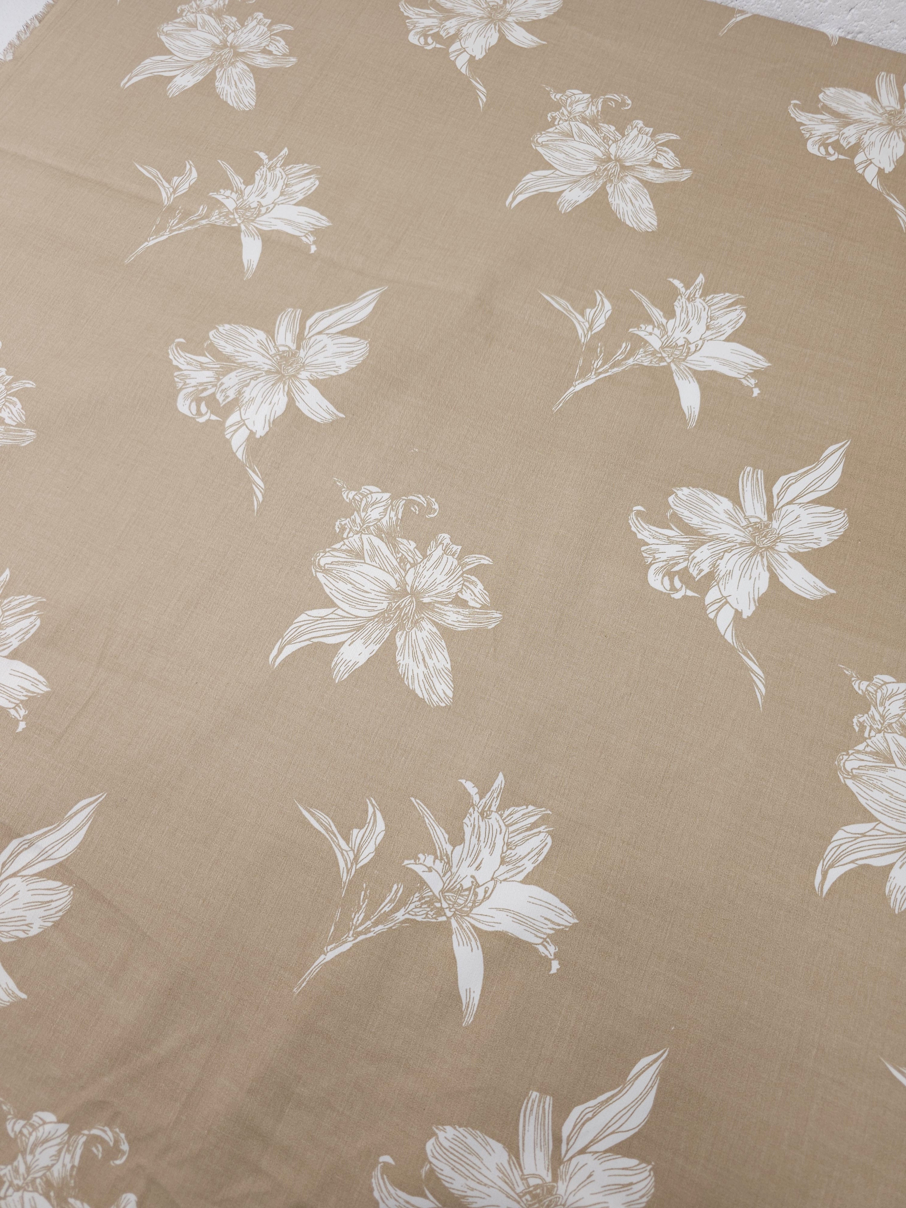 Beige Sketch Floating Flowers Heavy Cotton Poplin