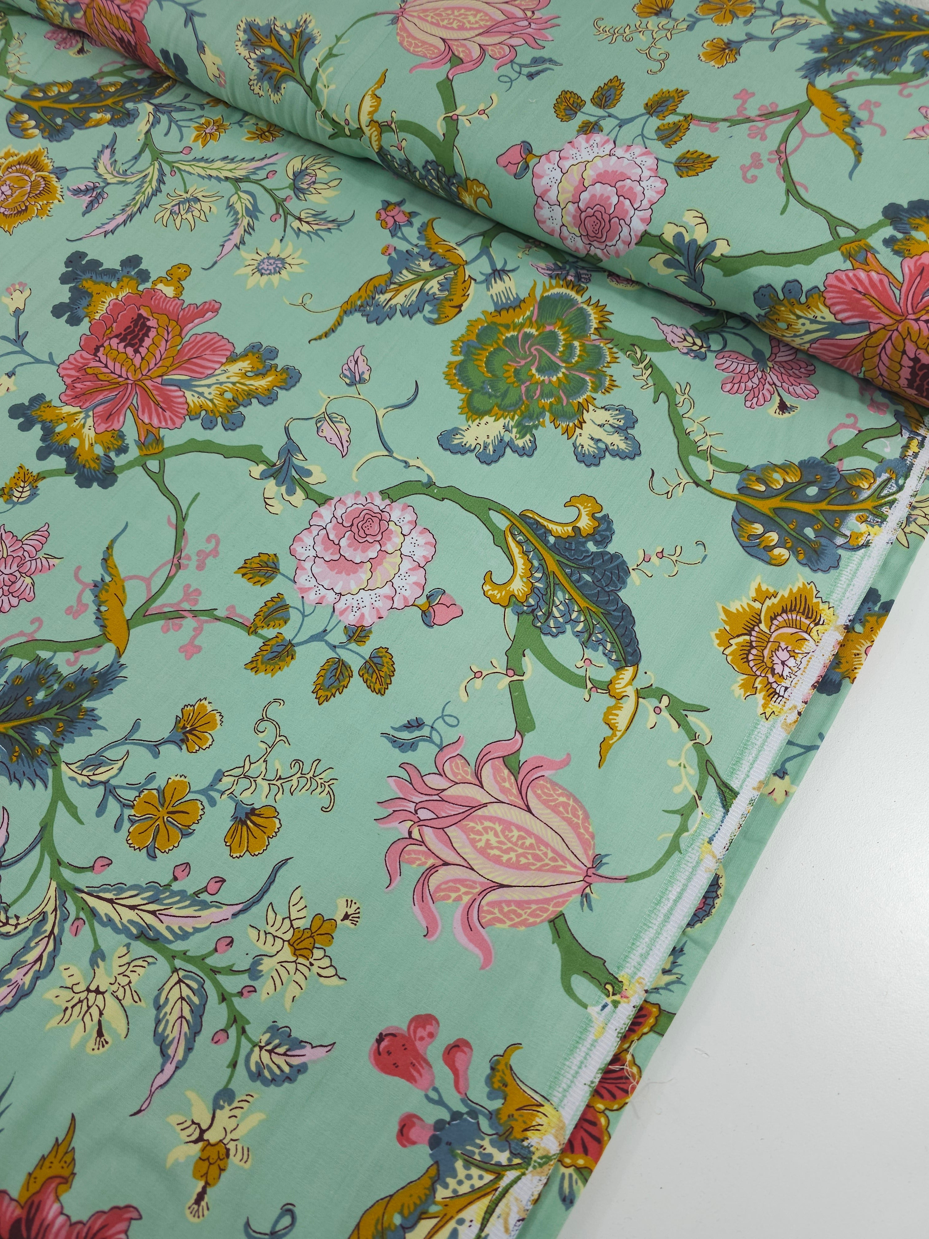 Minty Green Retro Floral 100% Cotton 110"