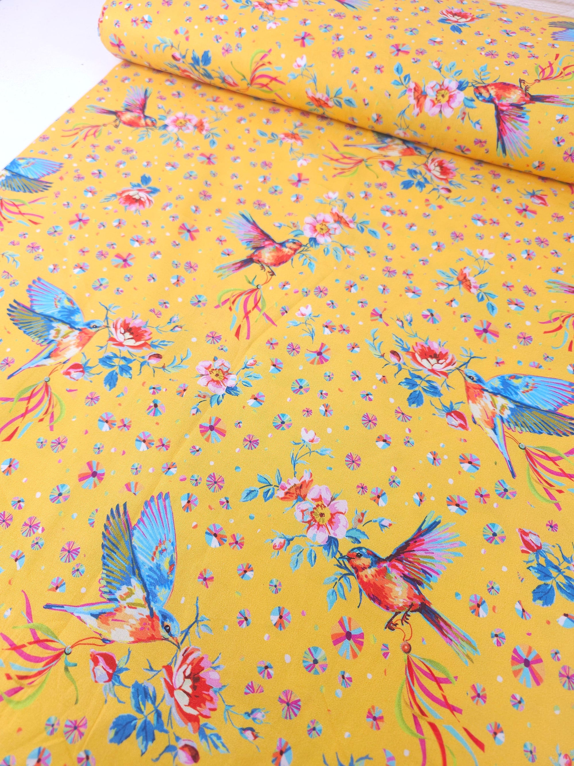 Warm Yellow Floral Hummingbird 100% Cotton - Odile Bailloeul