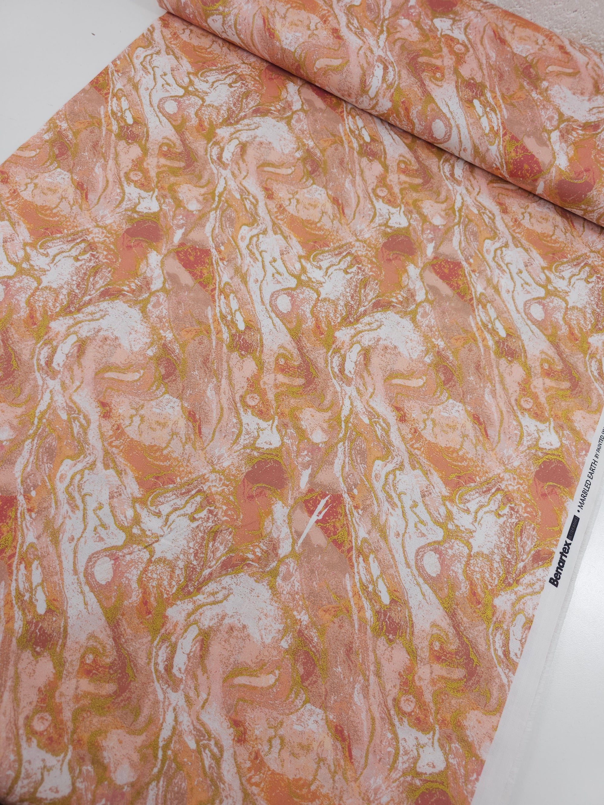 Peach/Gold Washed Marble 100% Cotton - Benartex