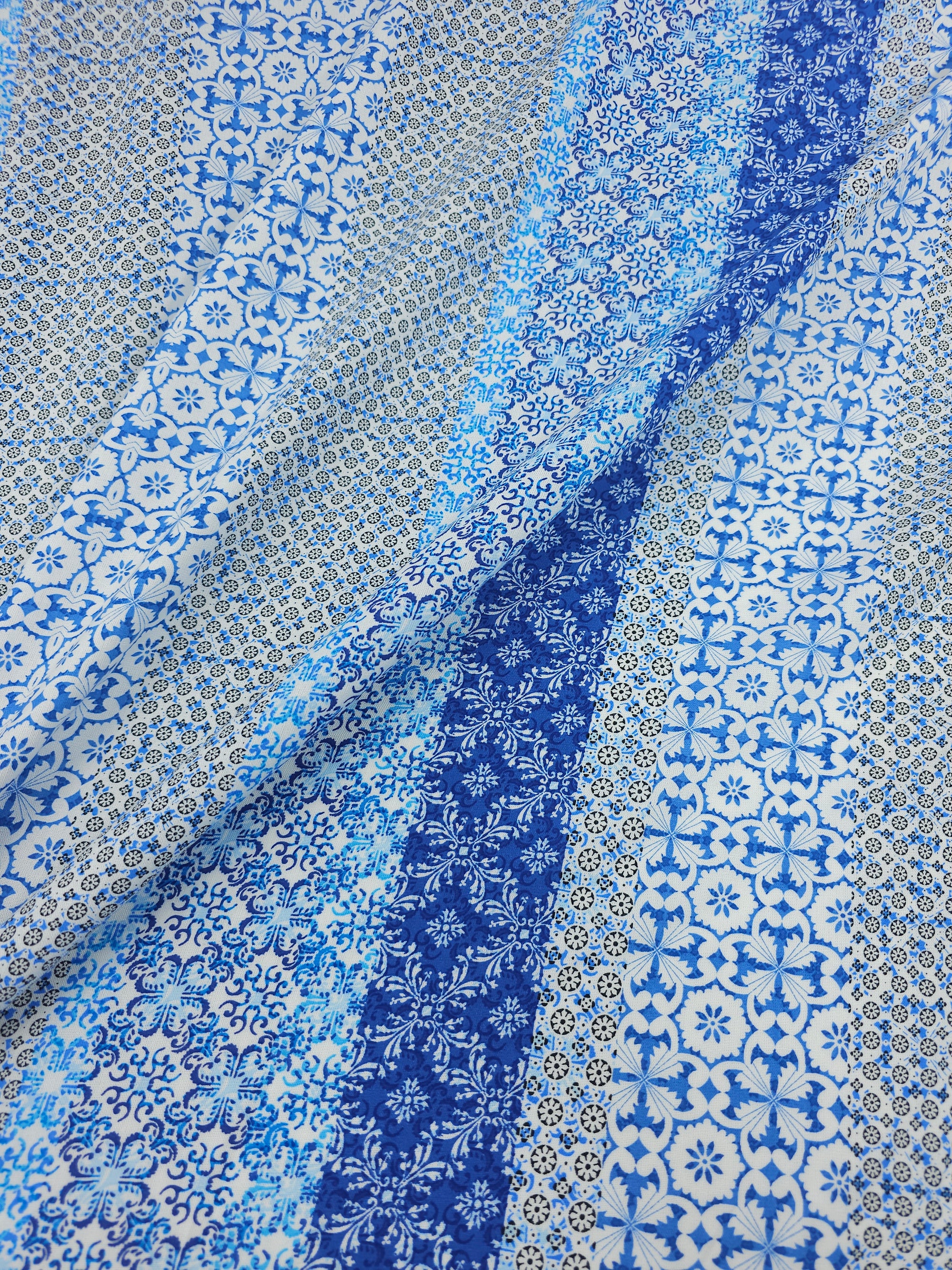 Blue Greek Tile Stripe Viscose Challis