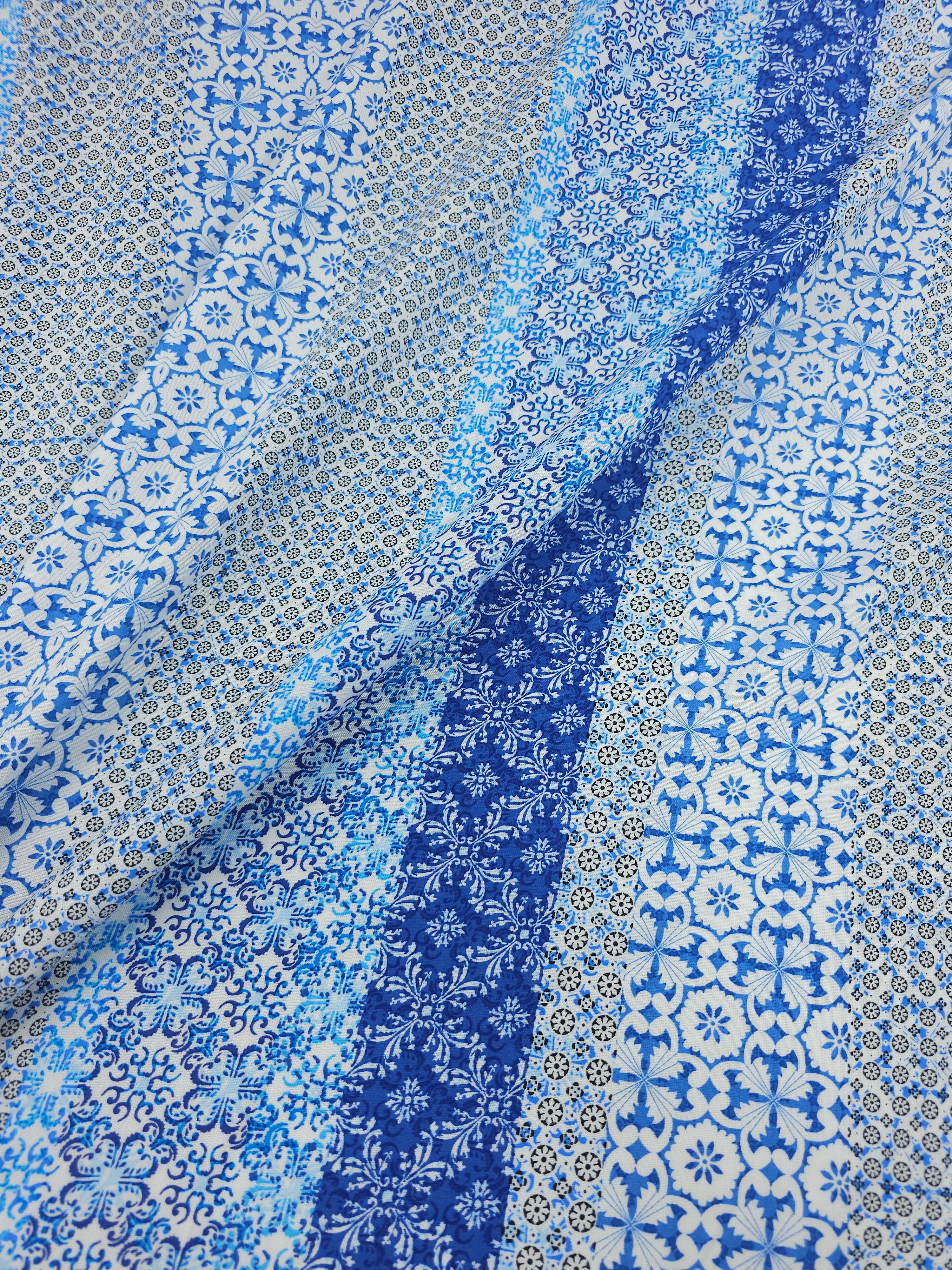 Blue Greek Tile Stripe Viscose Challis