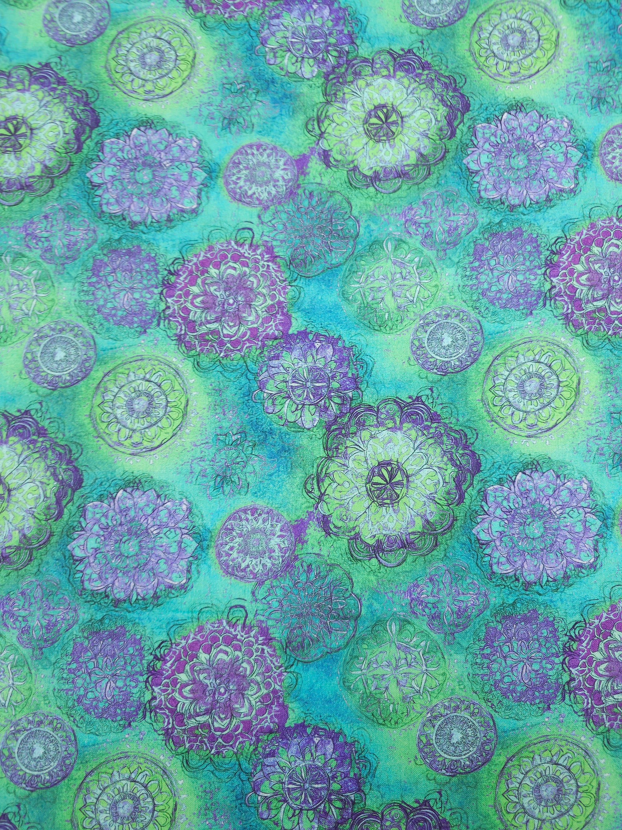 Aqua/Purple Spiral Medallion 100% Cotton 106" *EXTRA WIDE*