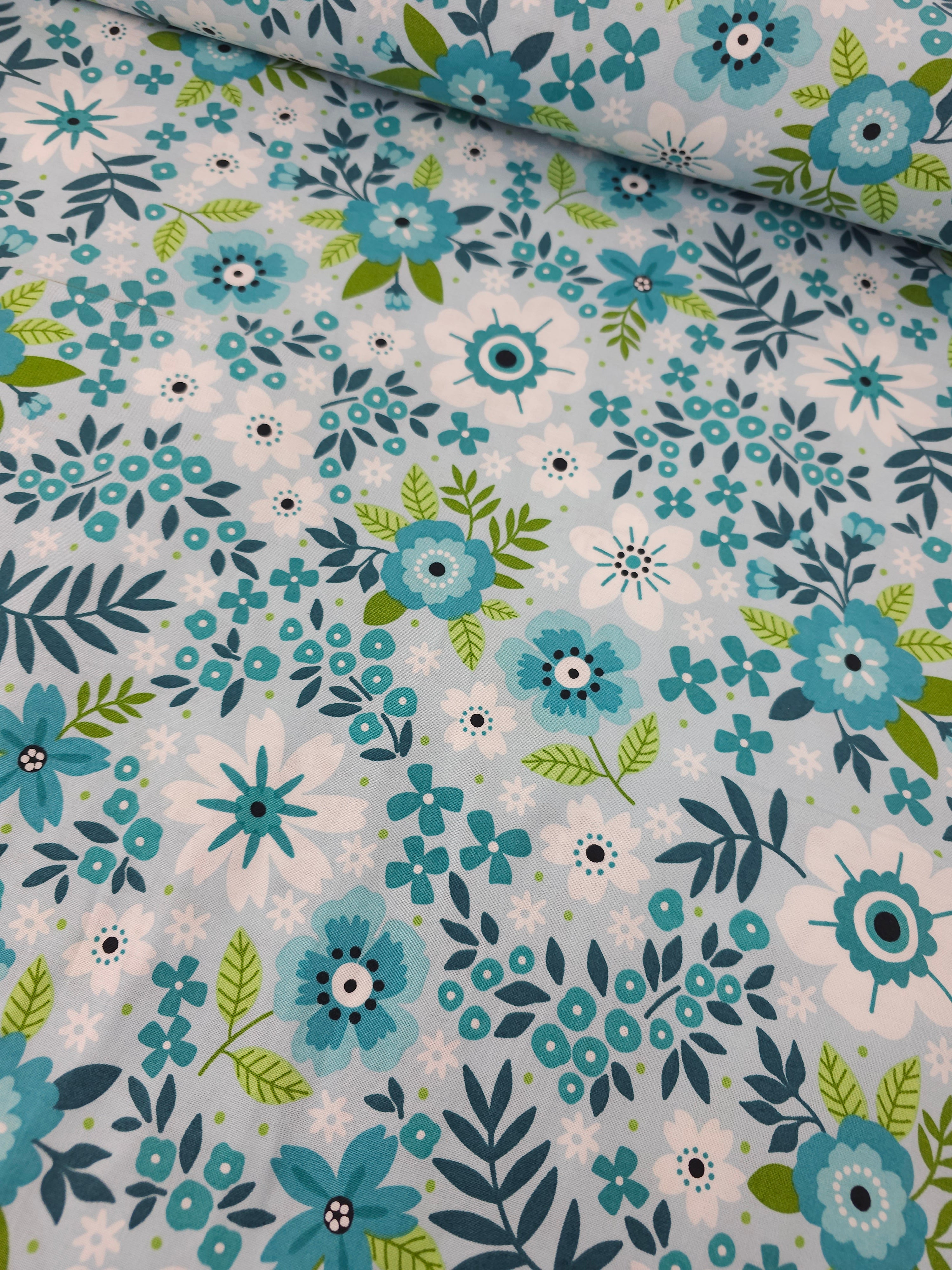 Blue/Green Garden Bloom 100% Cotton - Benartex