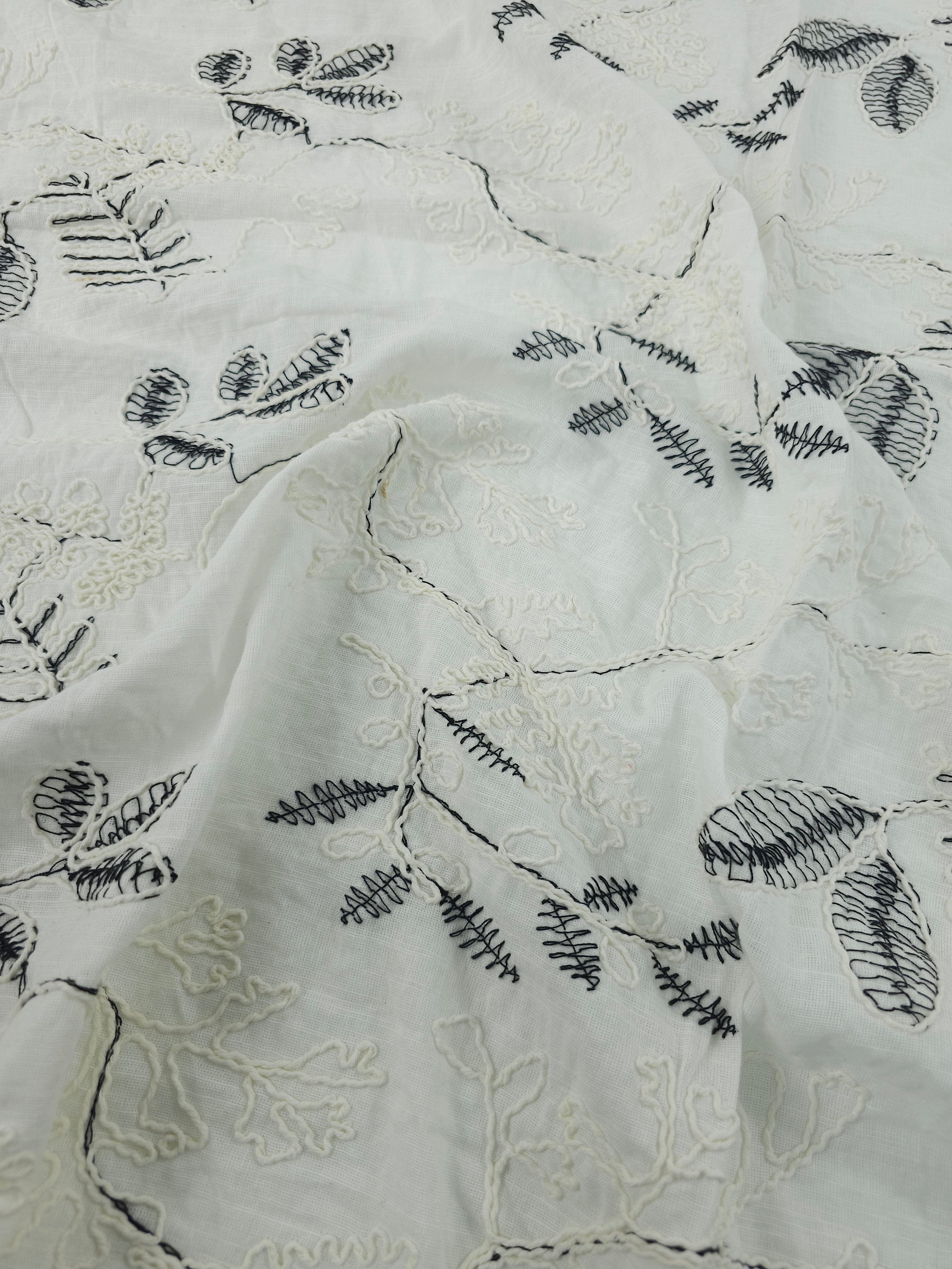 Black/Ivory Leaf Trail Cotton Slub Broderie Anglaise