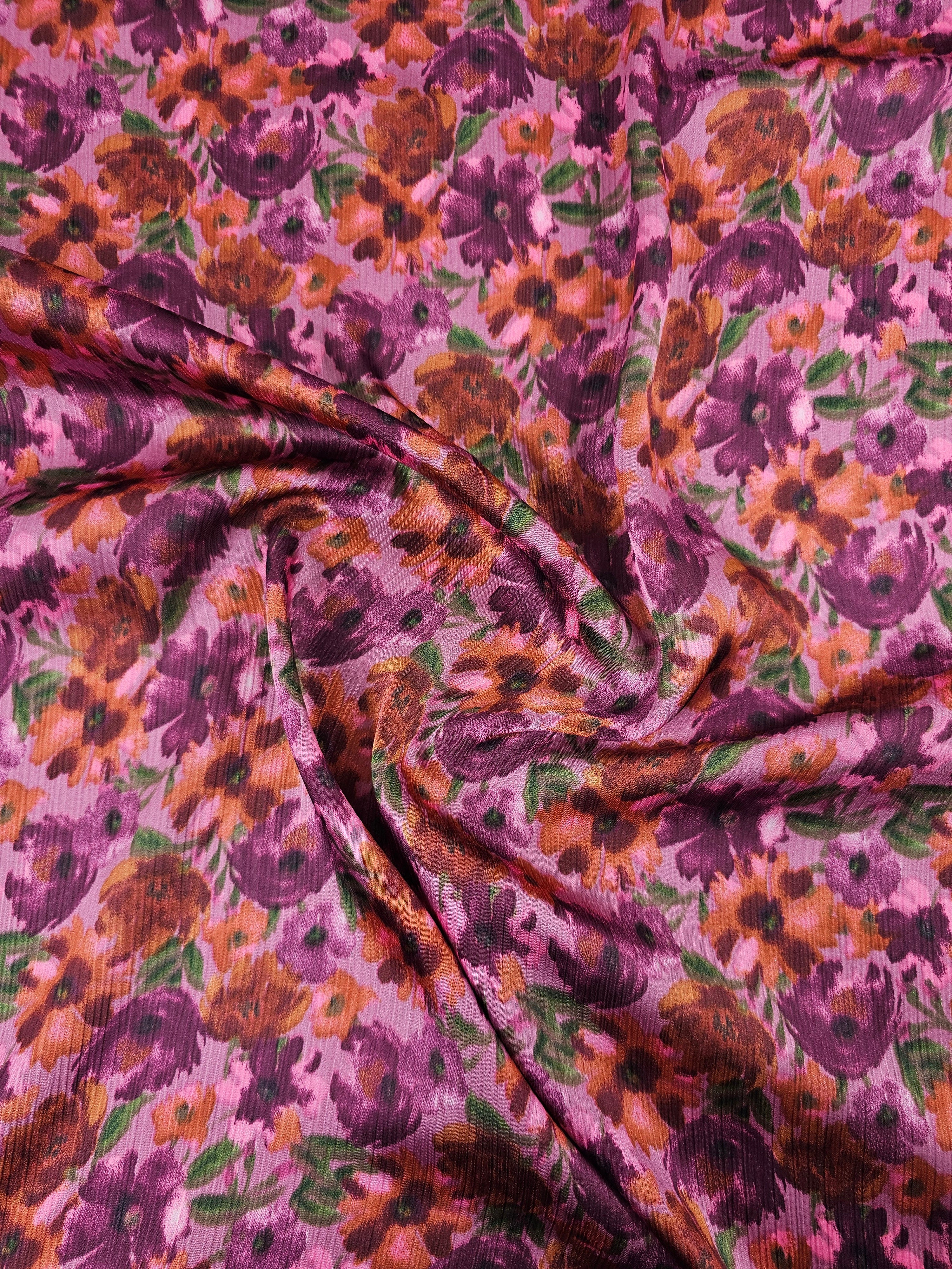 Pinky Purple/Rustic Orange Floral Crinkle Satin