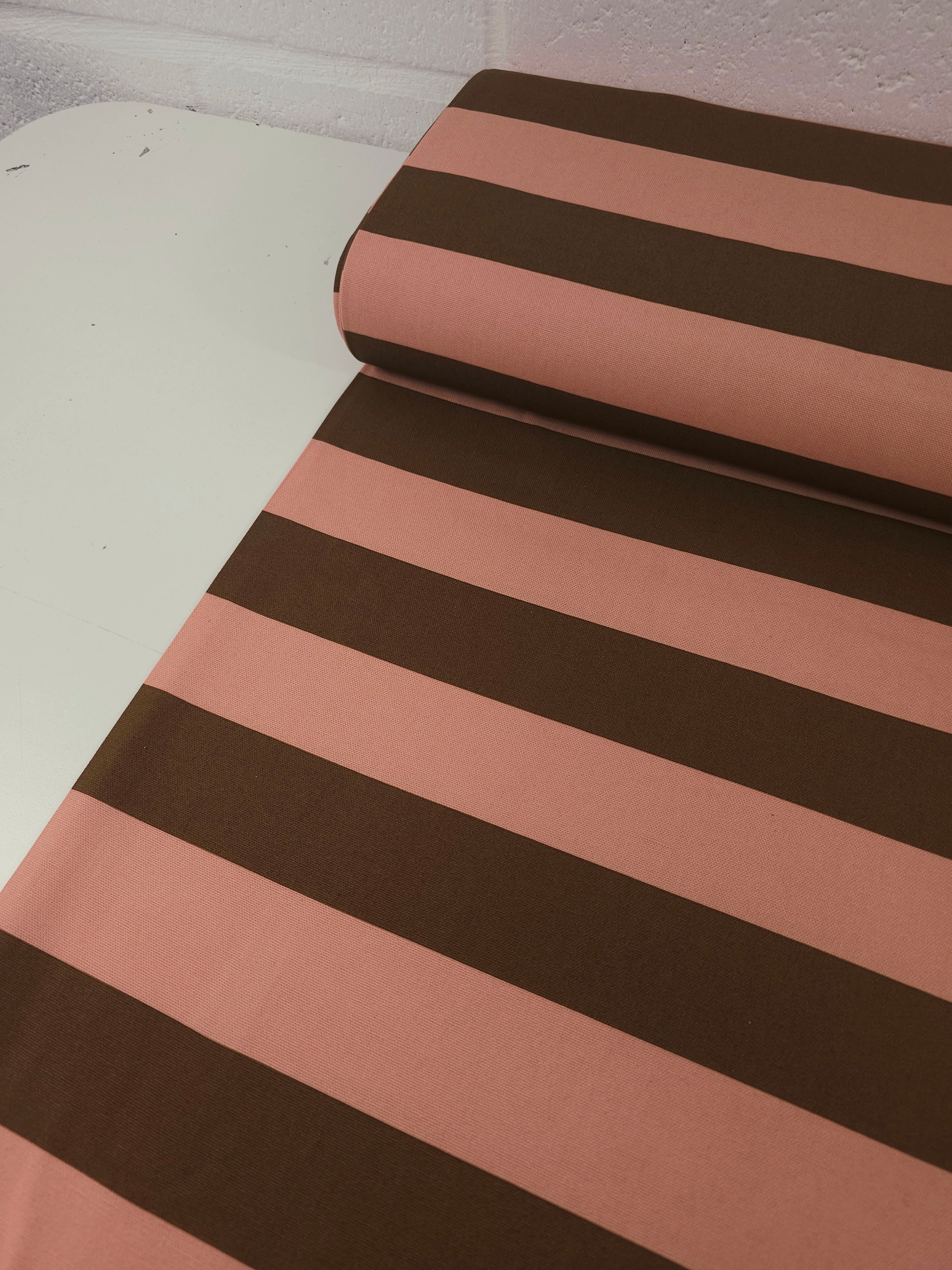 Salmon Pink/Brown Block Stripe Lightweight Canvas Cotton